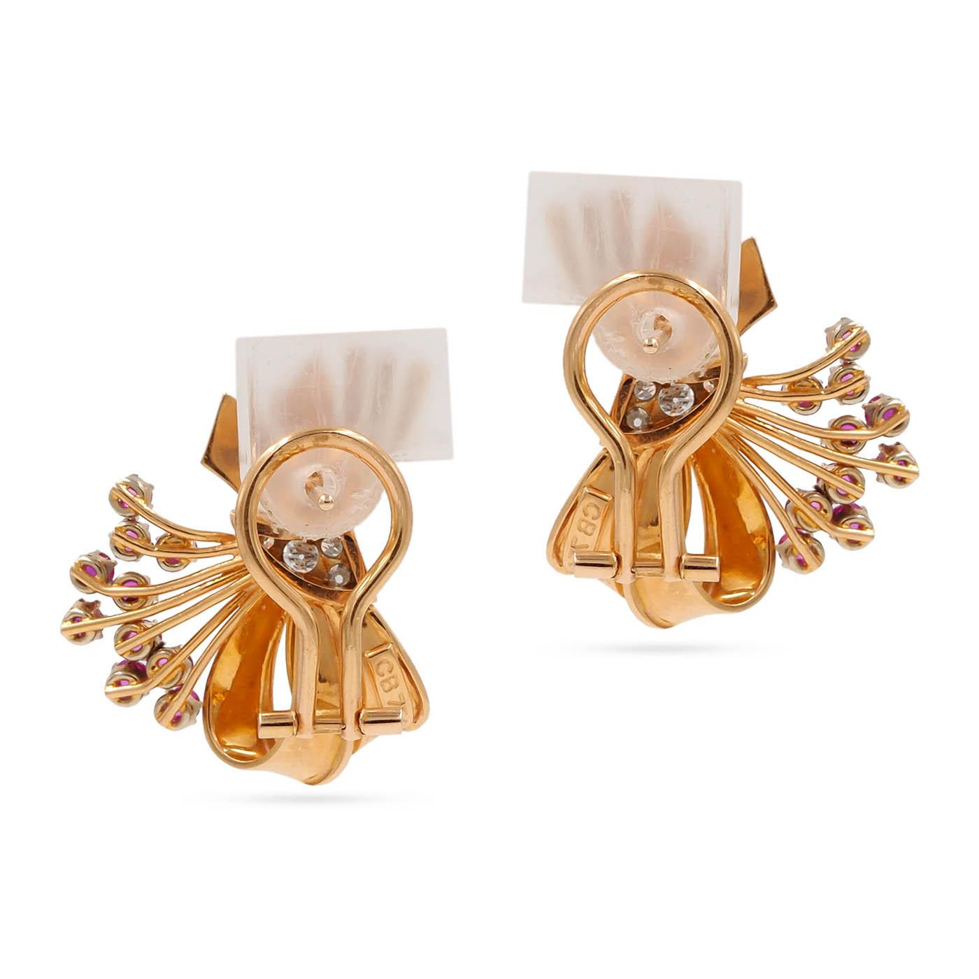 Retro Ruby & Single Cut Diamond Bow Floral Spray Earrings