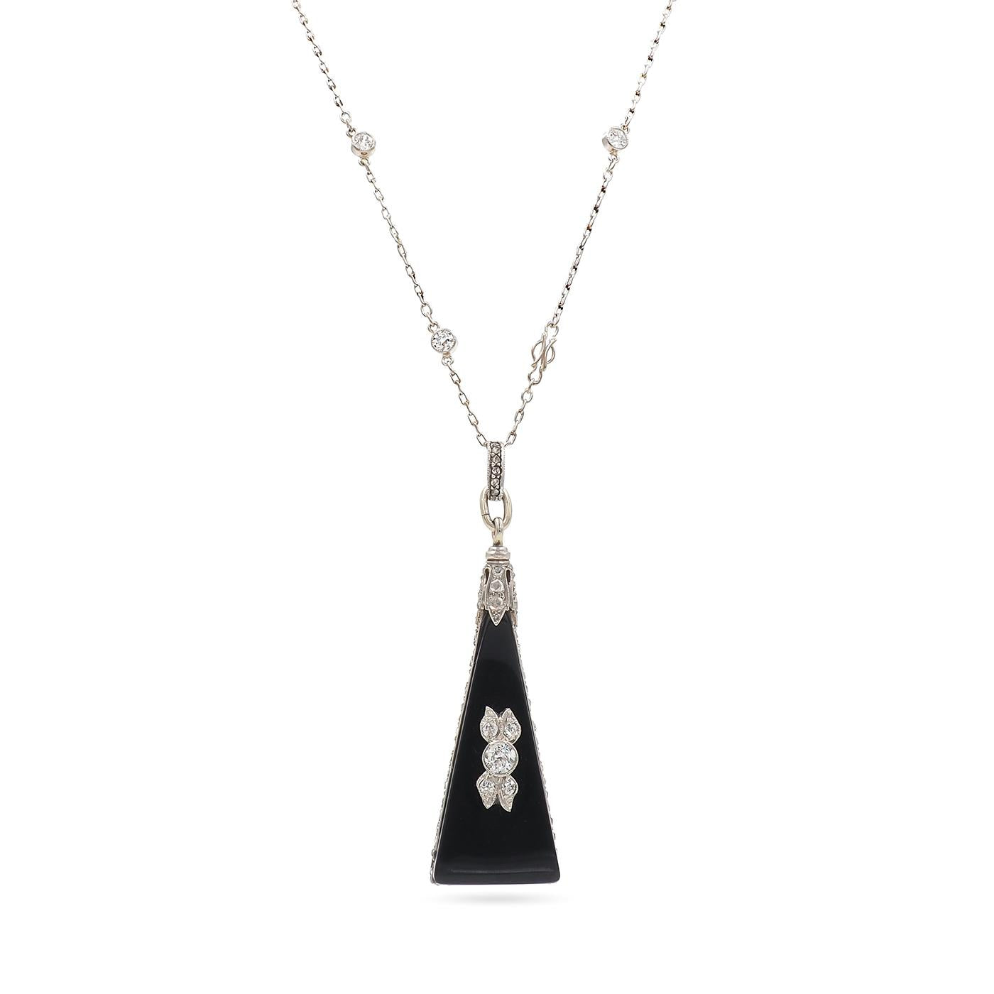 Art Deco 0.70 Ctw. Diamond & Onyx Triangular Drop Pendant on a Diamond-Set Chain