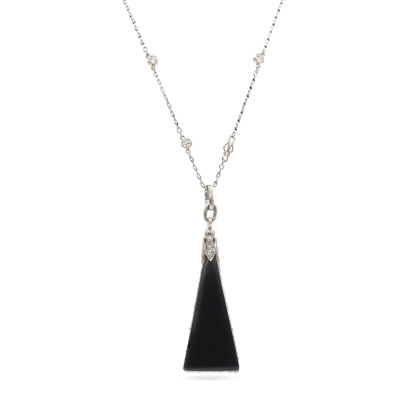 Art Deco 0.70 Ctw. Diamond & Onyx Triangular Drop Pendant on a Diamond-Set Chain