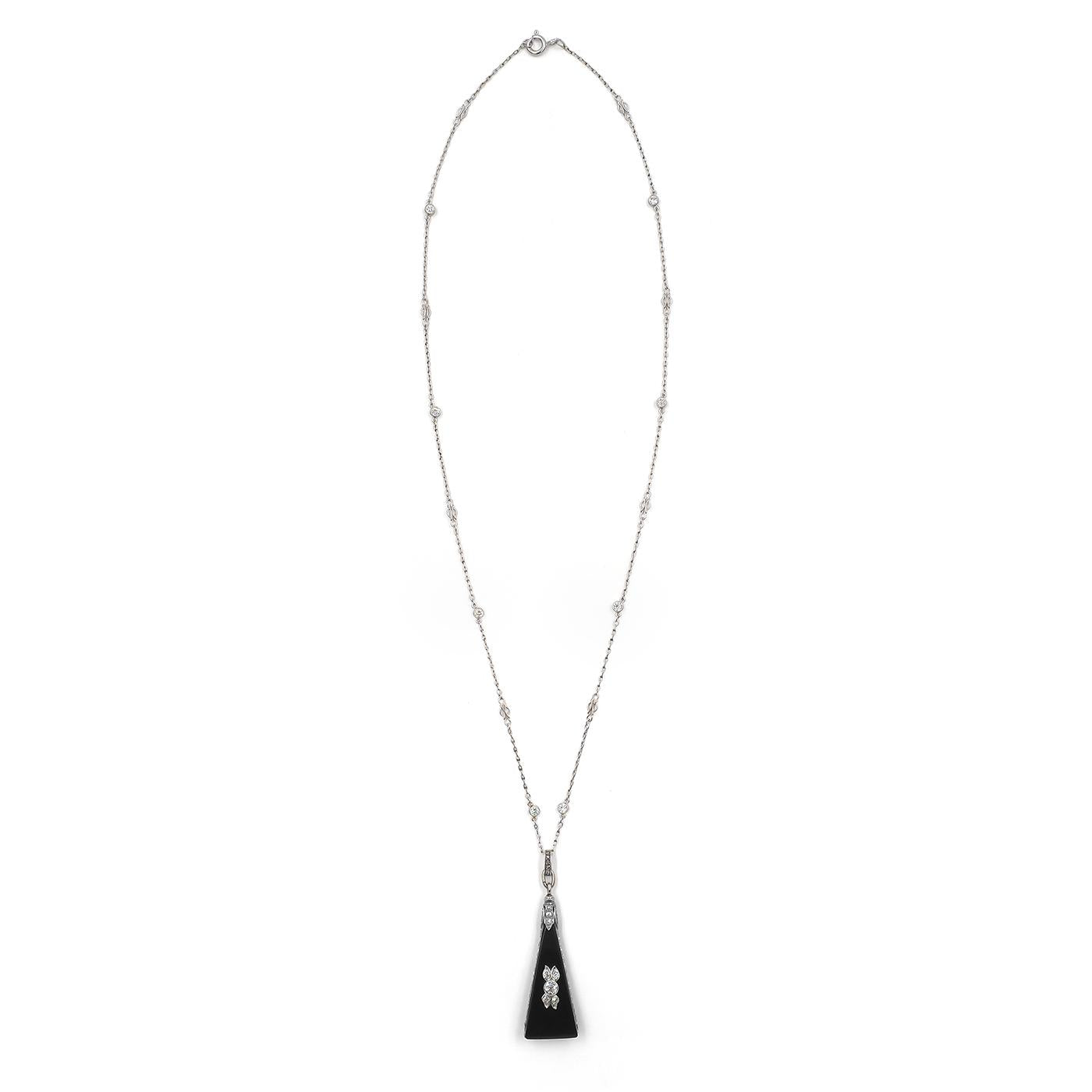 Art Deco 0.70 Ctw. Diamond & Onyx Triangular Drop Pendant on a Diamond-Set Chain