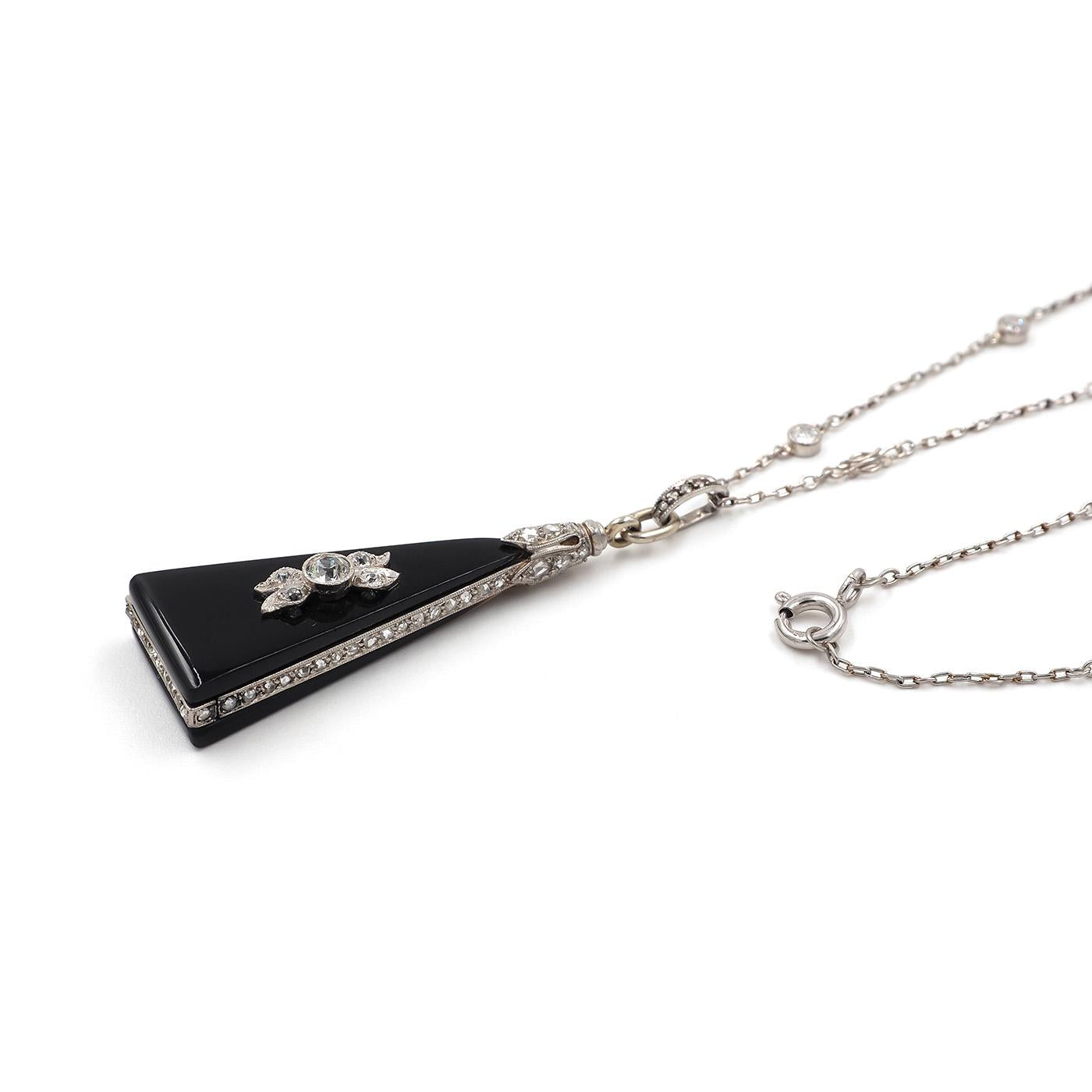 Art Deco 0.70 Ctw. Diamond & Onyx Triangular Drop Pendant on a Diamond-Set Chain