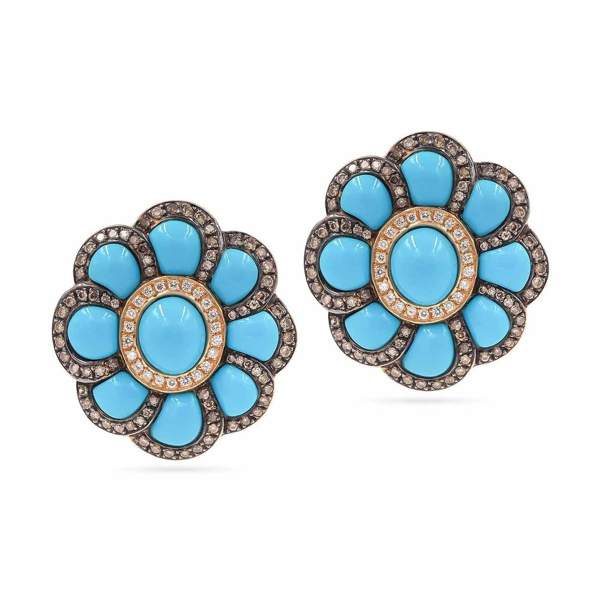 Vintage Turquoise & Diamond Floral-Motif Cluster Earrings