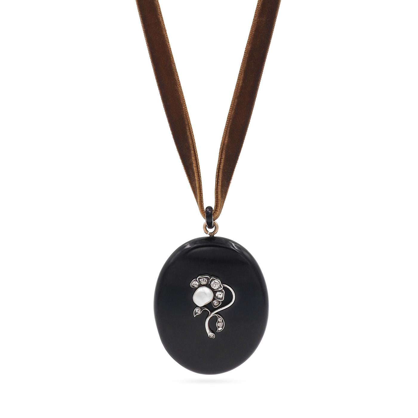 Victorian Natural Pearl & Diamond Oval Onyx Locket Pendant Necklace
