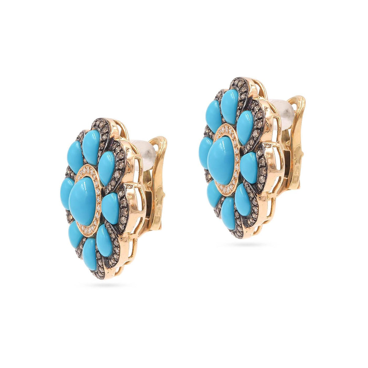 Vintage Turquoise & Diamond Floral-Motif Cluster Earrings