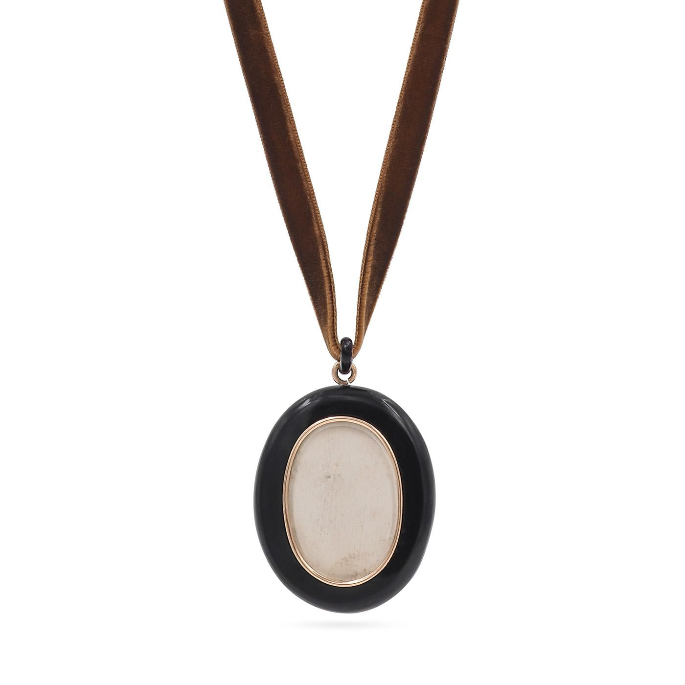 Victorian Natural Pearl & Diamond Oval Onyx Locket Pendant Necklace