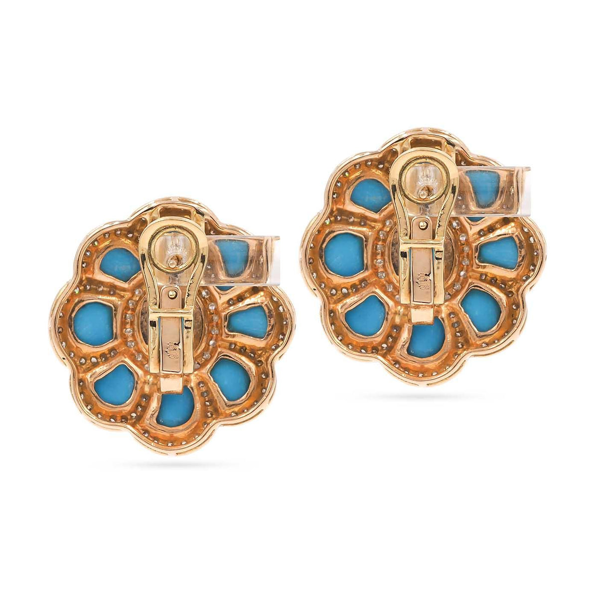 Vintage Turquoise & Diamond Floral-Motif Cluster Earrings
