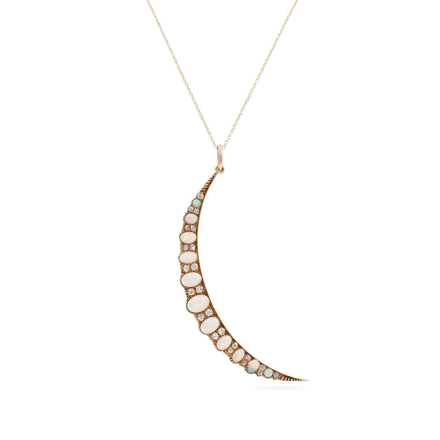 Victorian 0.66 Ctw. Old Mine Cut Diamond & Opal Crescent Moon Pendant Necklace