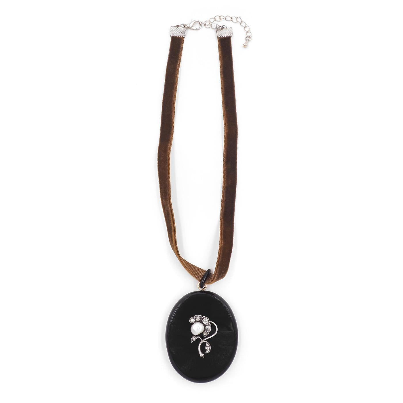 Victorian Natural Pearl & Diamond Oval Onyx Locket Pendant Necklace