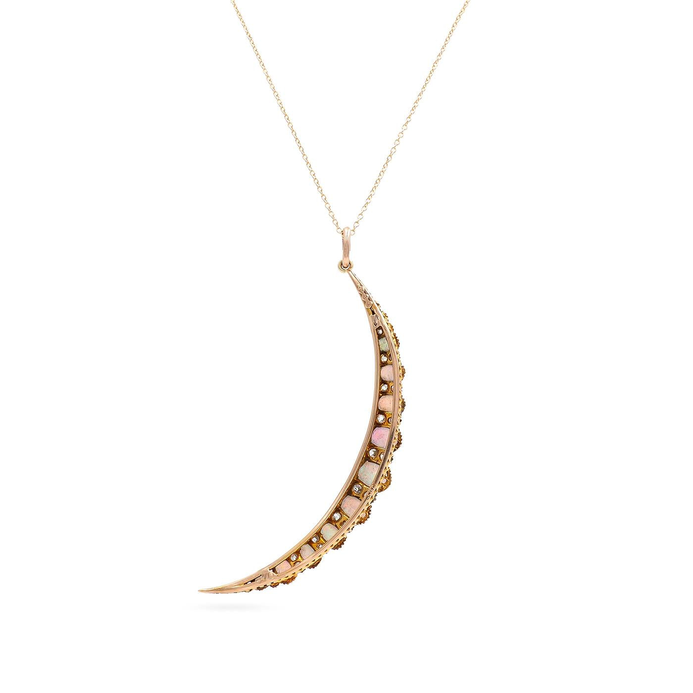 Victorian 0.66 Ctw. Old Mine Cut Diamond & Opal Crescent Moon Pendant Necklace