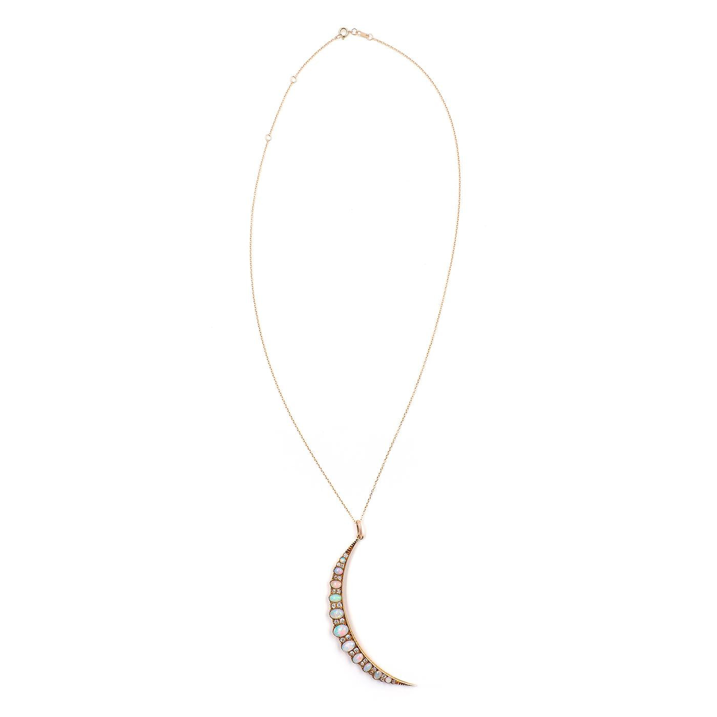 Victorian 0.66 Ctw. Old Mine Cut Diamond & Opal Crescent Moon Pendant Necklace