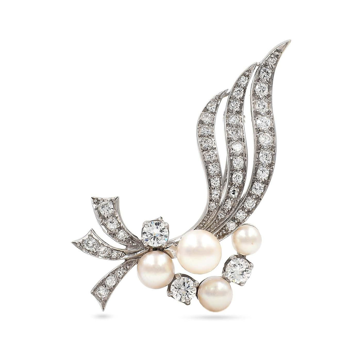 Mid-Century 1.33 Ctw. Diamond & Pearl Floral Swag Brooch