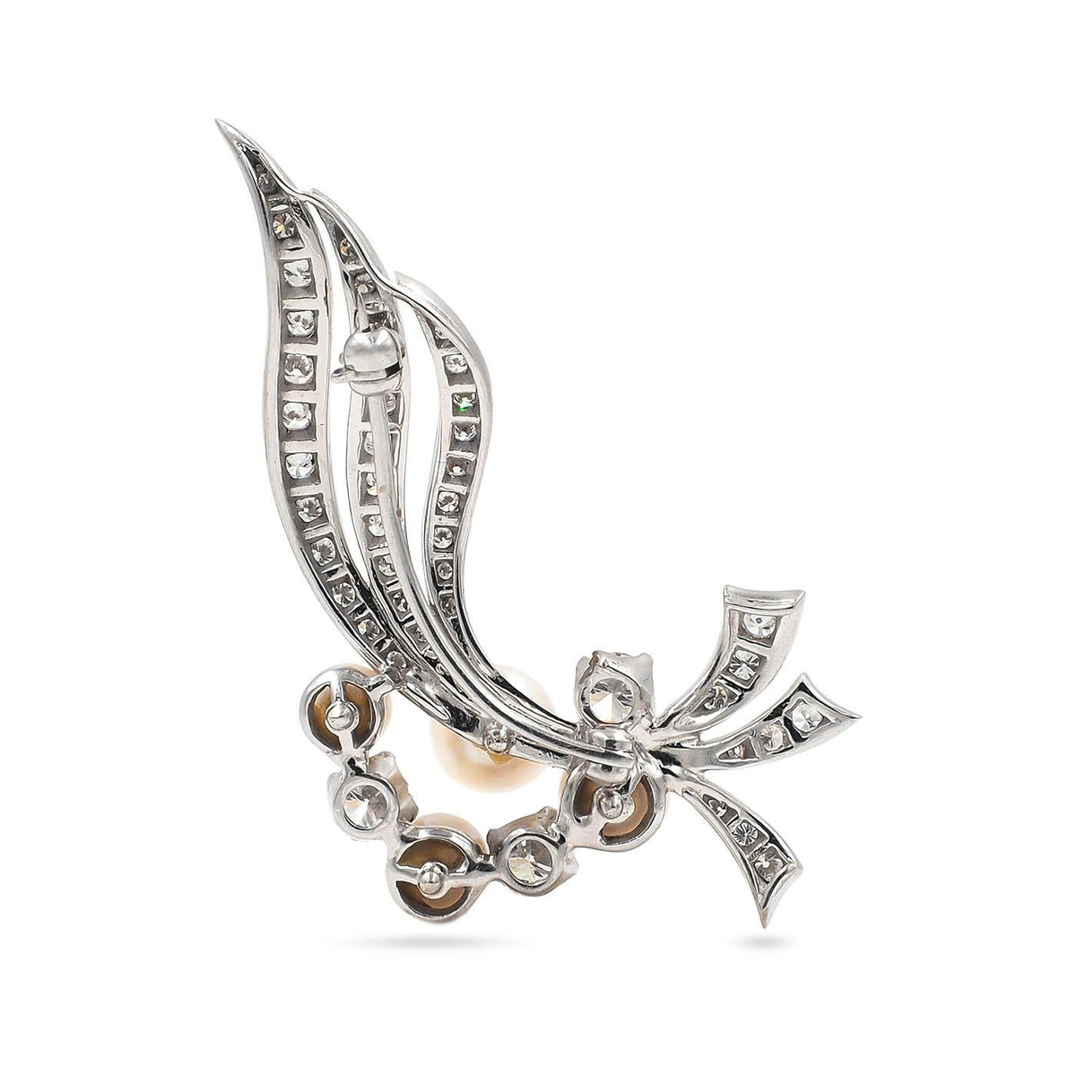 Mid-Century 1.33 Ctw. Diamond & Pearl Floral Swag Brooch