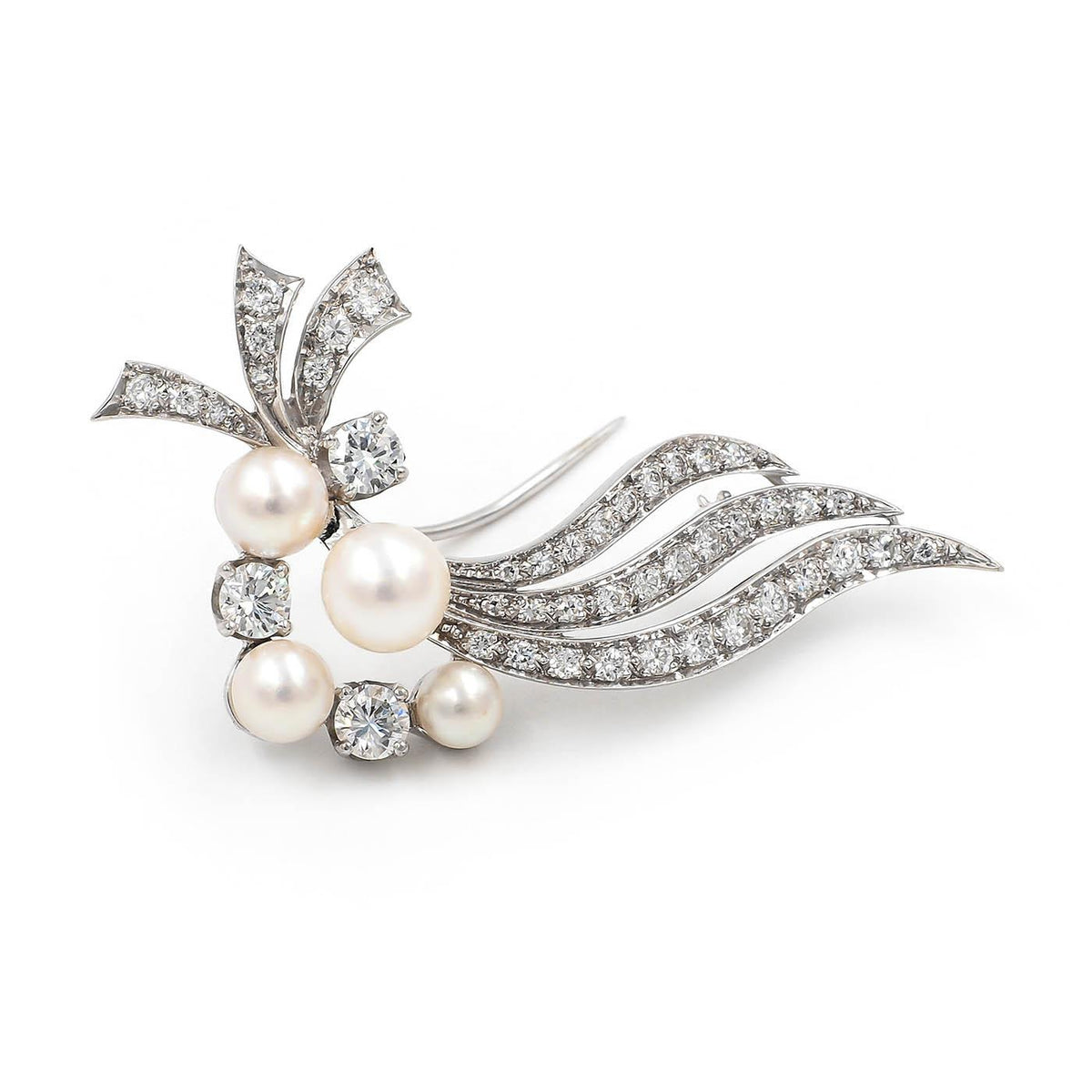 Mid-Century 1.33 Ctw. Diamond & Pearl Floral Swag Brooch