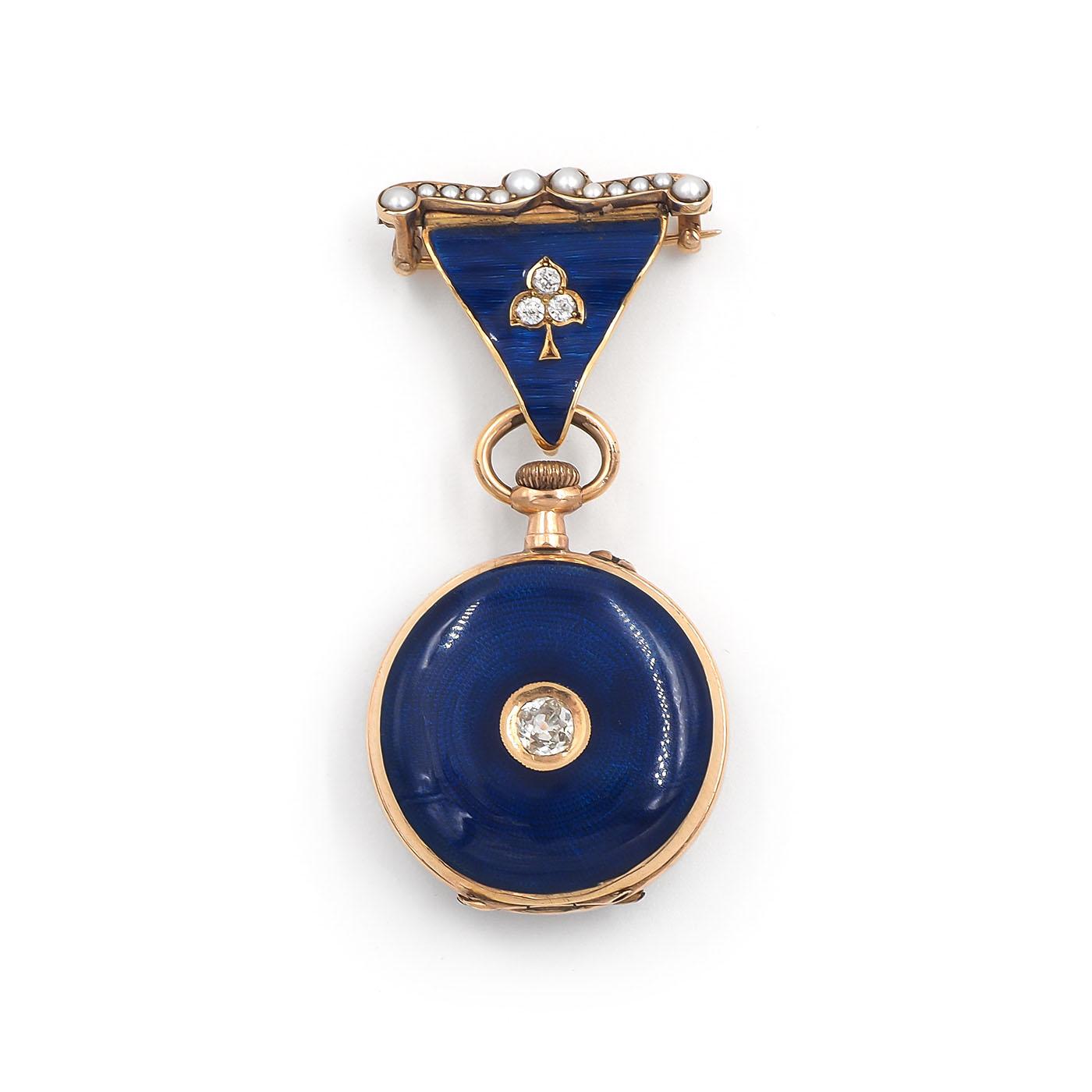 Victorian Diamond, Pearl, & Blue Enamel Lapel Watch