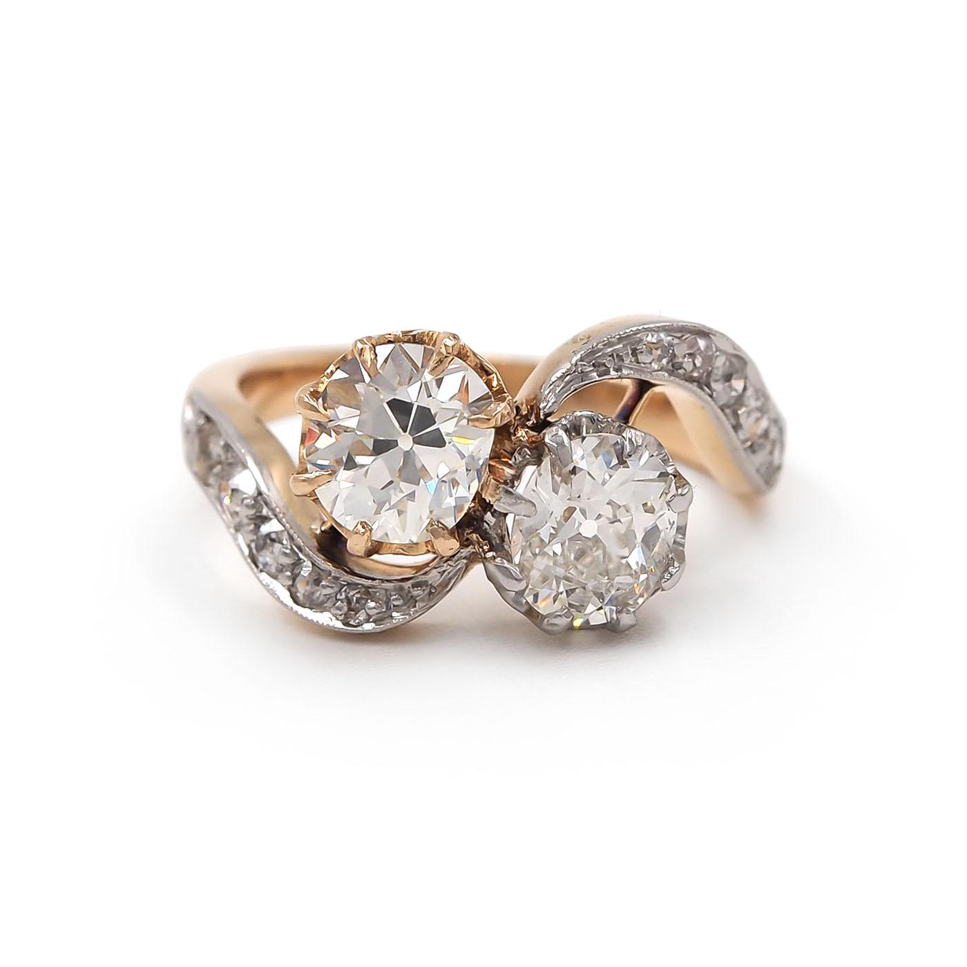 Edwardian 0.91 Ct. & 0.65 Ct. Old Mine Cut Diamond Toi et Moi Ring