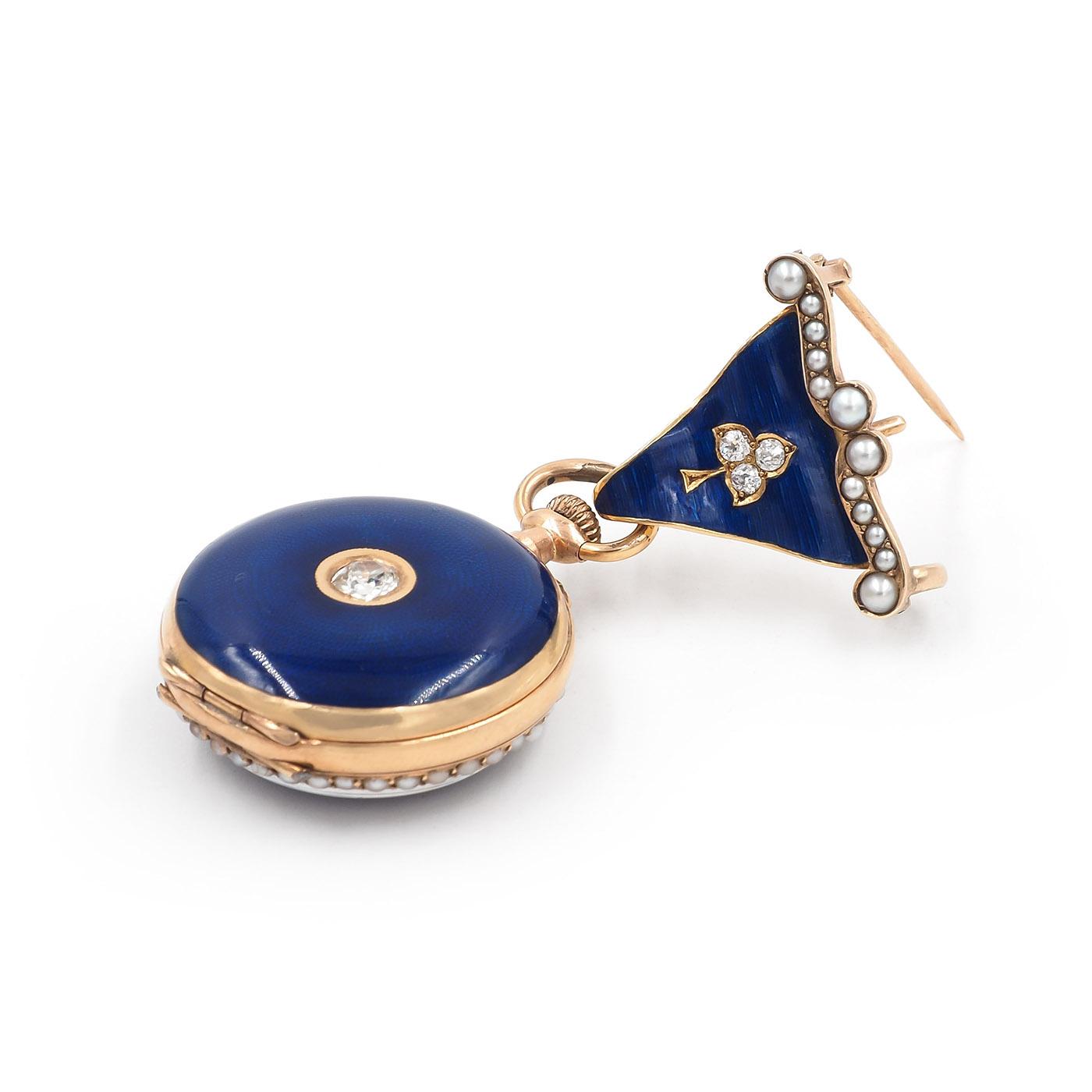 Victorian Diamond, Pearl, & Blue Enamel Lapel Watch