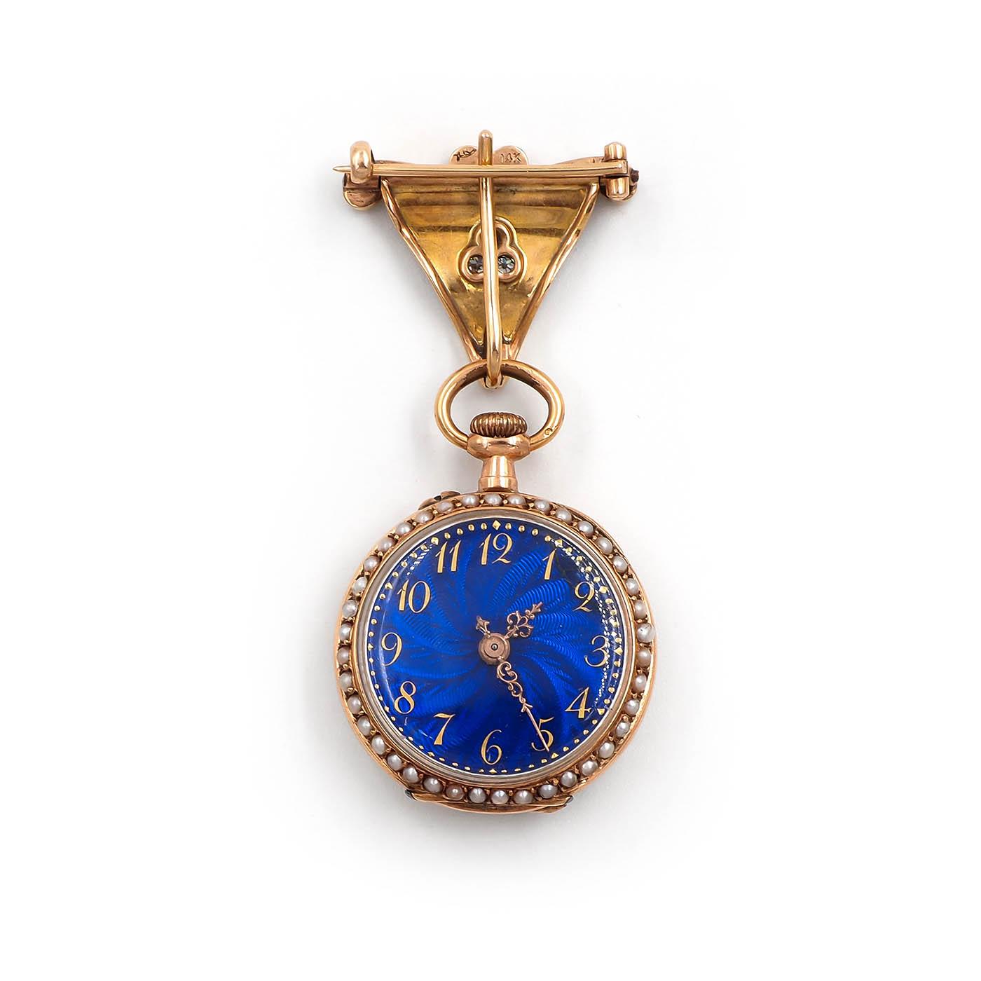 Victorian Diamond, Pearl, & Blue Enamel Lapel Watch