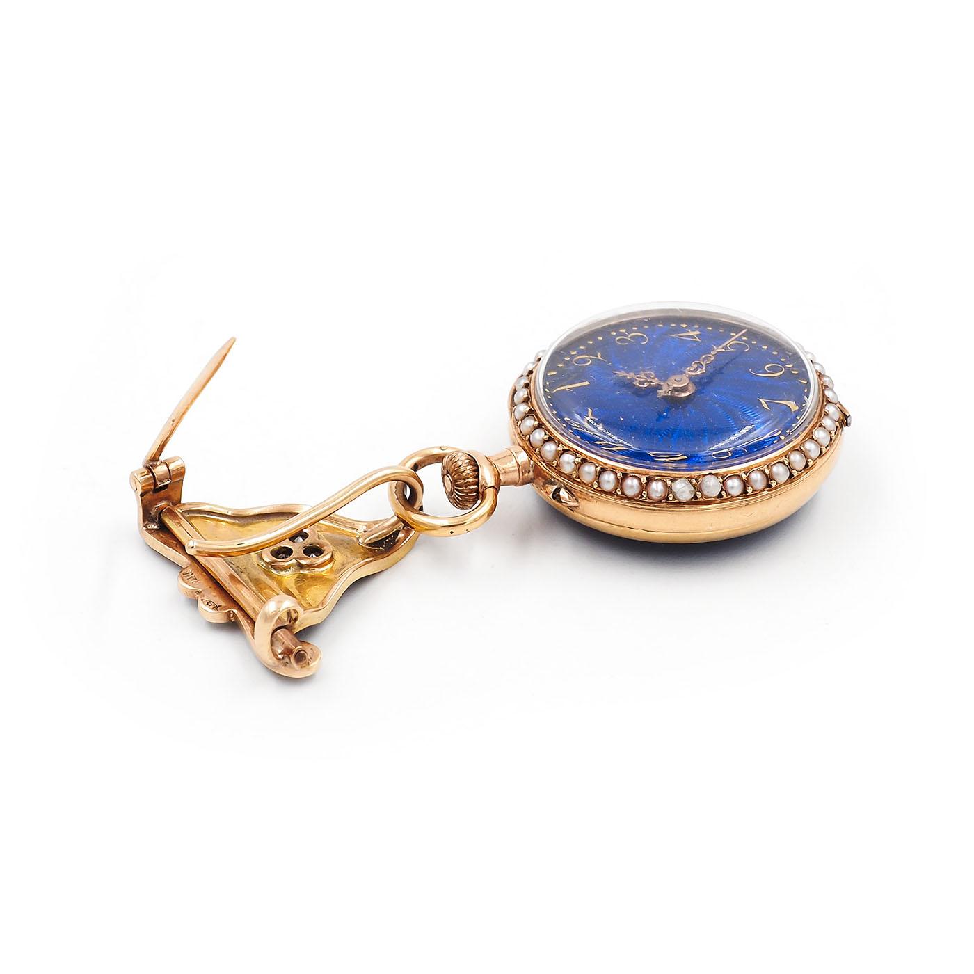 Victorian Diamond, Pearl, & Blue Enamel Lapel Watch