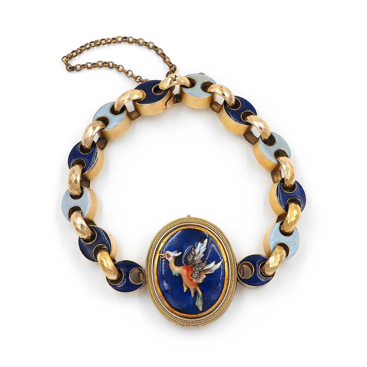 Victorian Enamel Phoenix Locket Bracelet with Enameled Mariner-Style Links