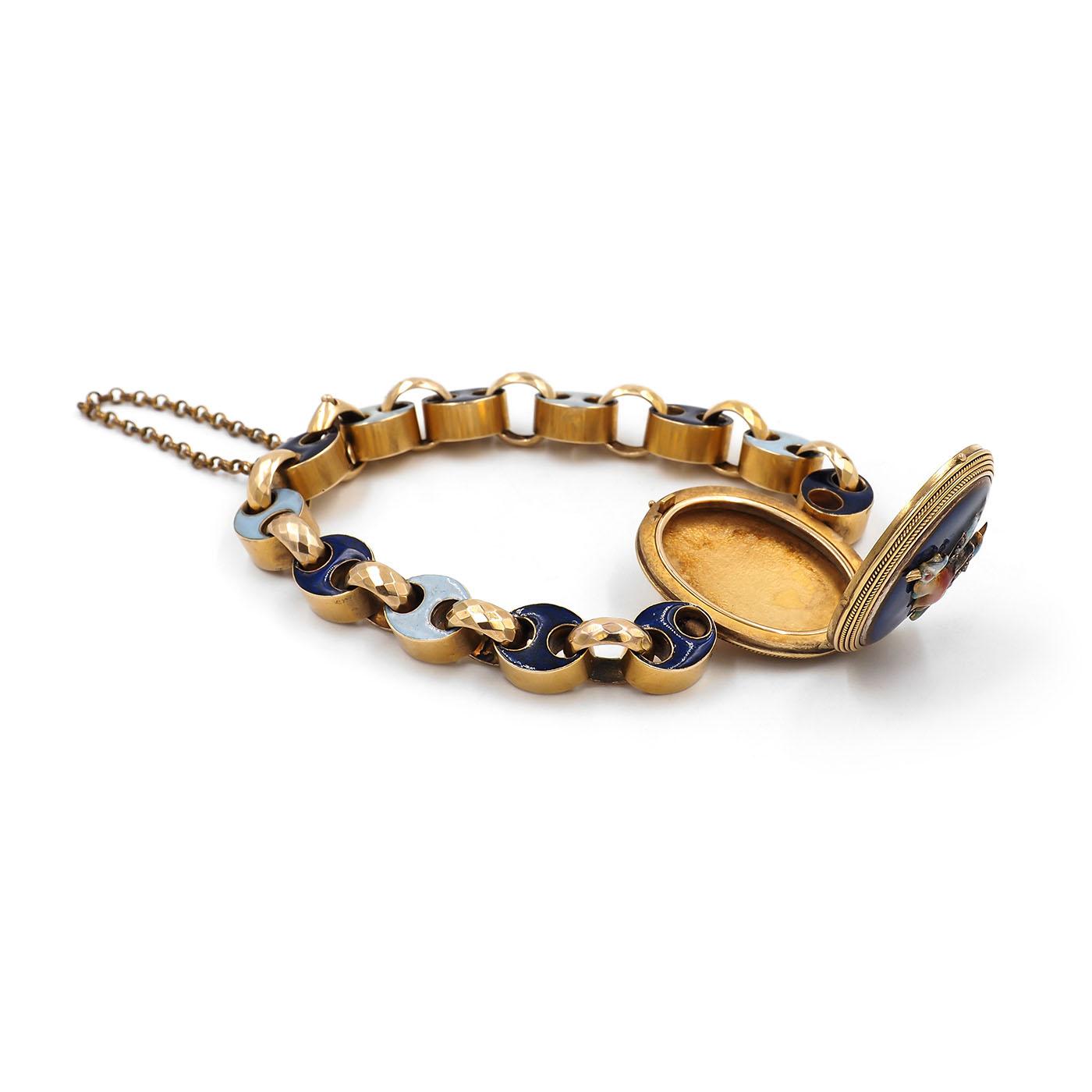 Victorian Enamel Phoenix Locket Bracelet with Enameled Mariner-Style Links
