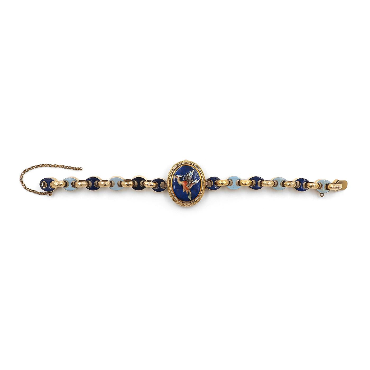 Victorian Enamel Phoenix Locket Bracelet with Enameled Mariner-Style Links
