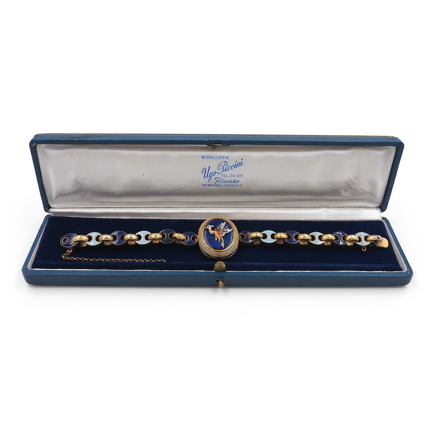 Victorian Enamel Phoenix Locket Bracelet with Enameled Mariner-Style Links