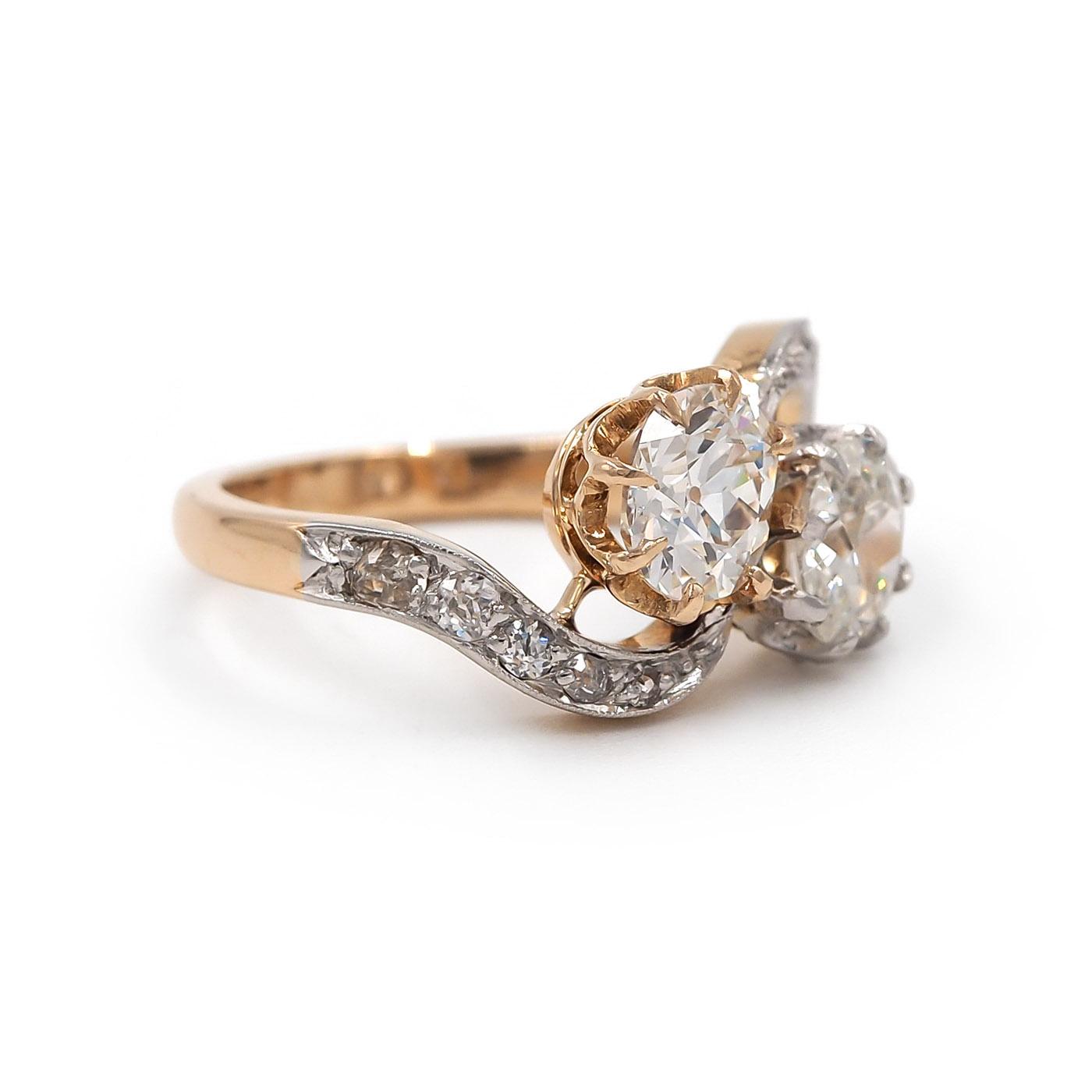 Edwardian 0.91 Ct. & 0.65 Ct. Old Mine Cut Diamond Toi et Moi Ring