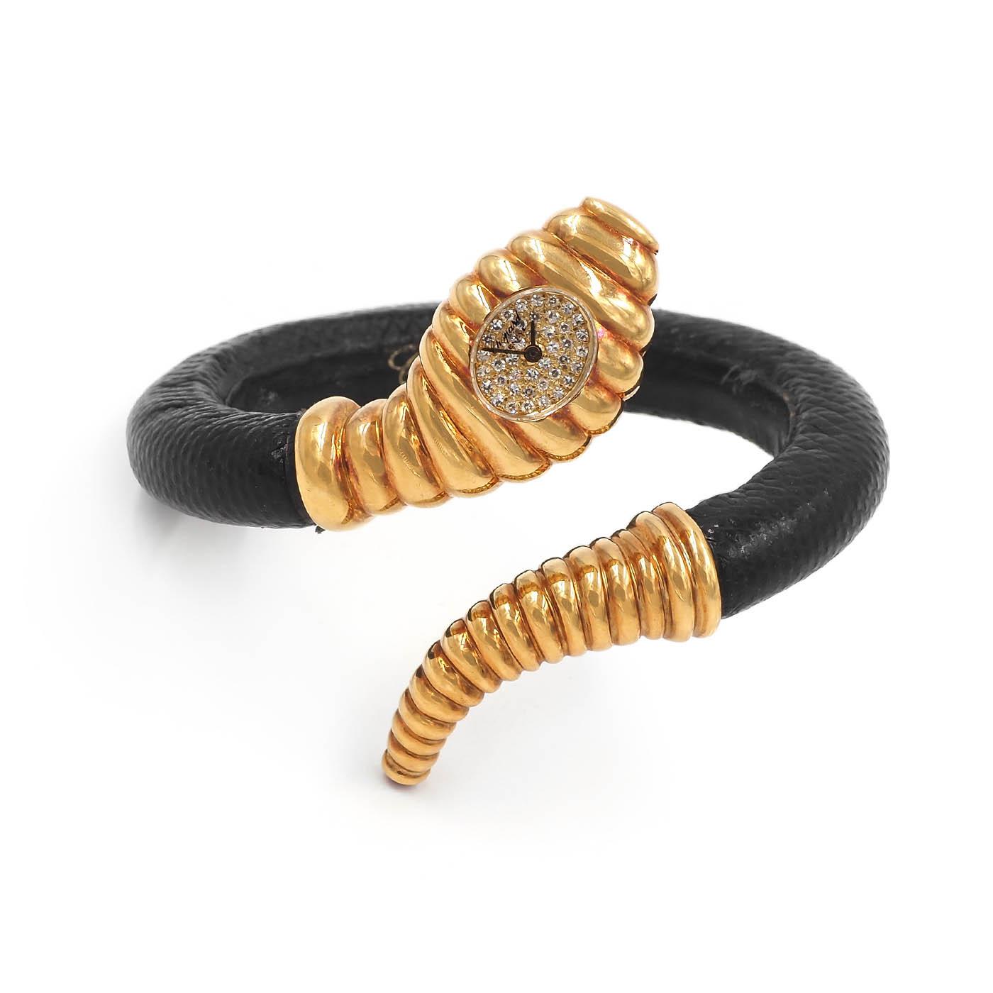 Vintage Diamond & Gold Leather Snake Wrap Cuff Watch Bracelet by Chopard