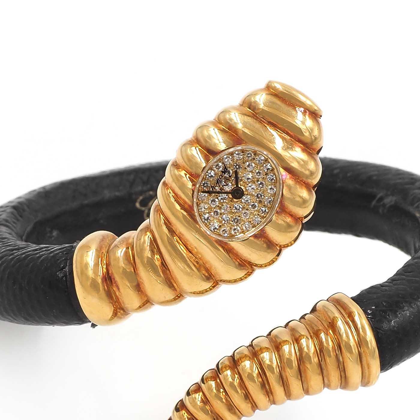Vintage Diamond & Gold Leather Snake Wrap Cuff Watch Bracelet by Chopard