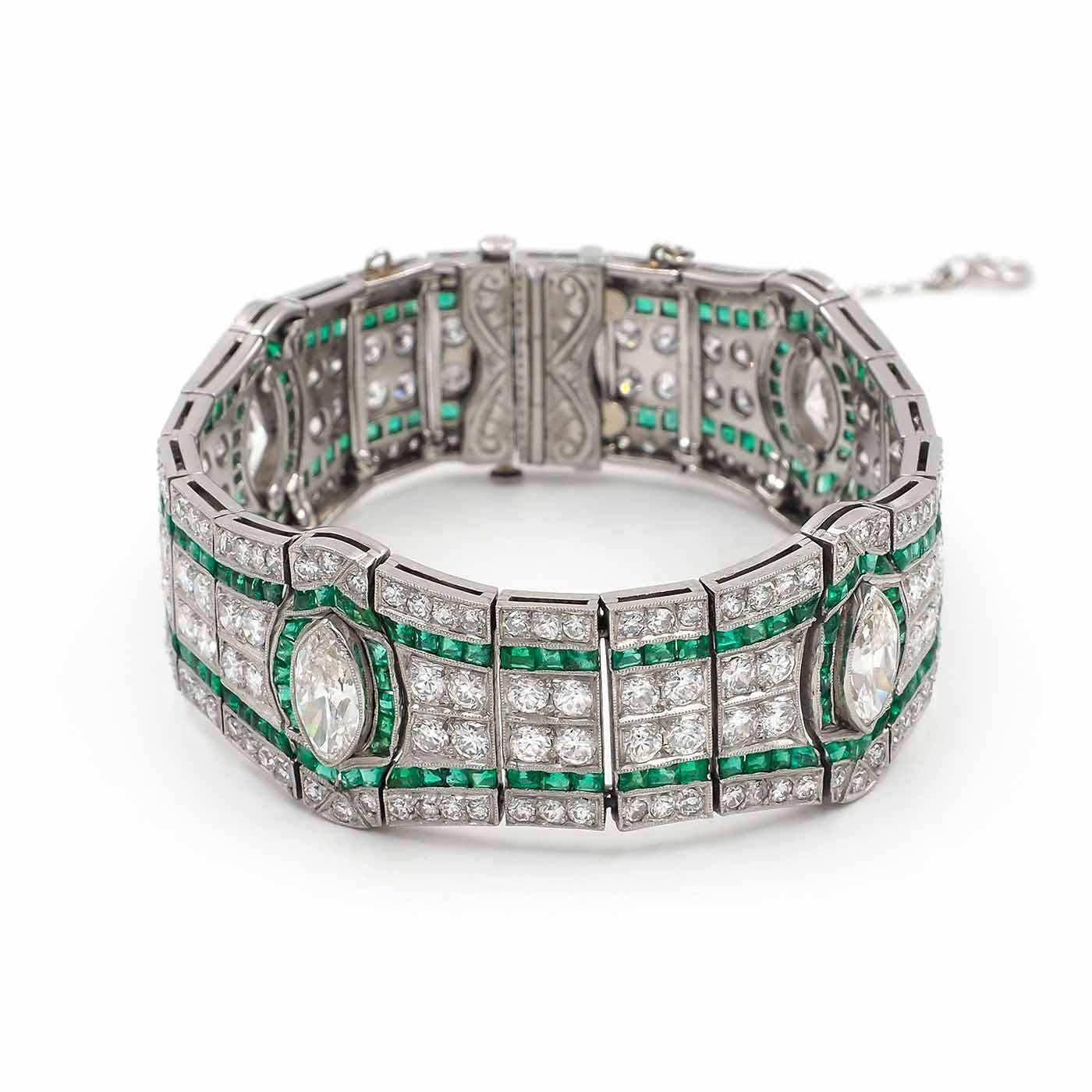 Art Deco 10.85 Ctw. Diamond & 4.82 Ctw. Emerald Geometric-Motif Bracelet