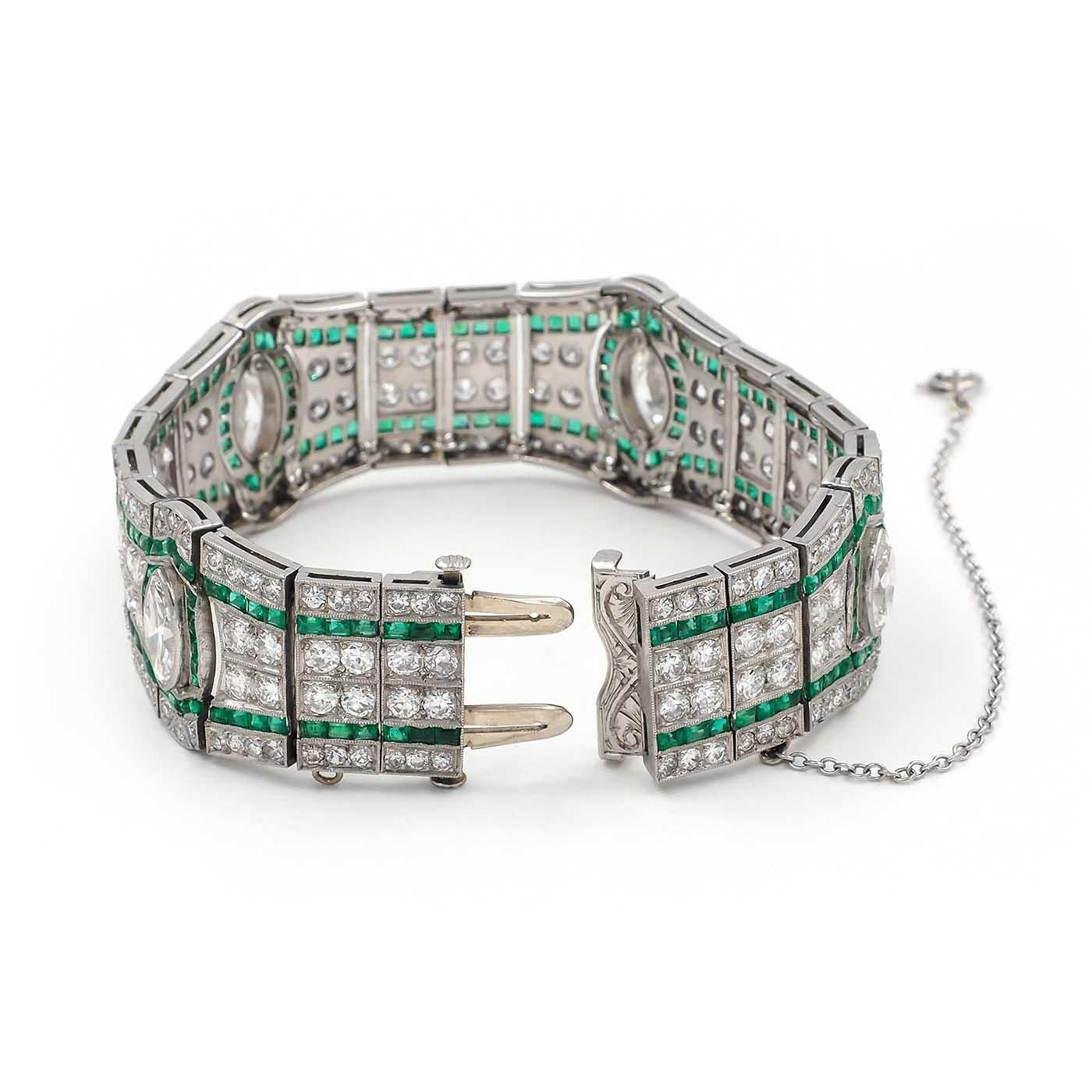 Art Deco 10.85 Ctw. Diamond & 4.82 Ctw. Emerald Geometric-Motif Bracelet