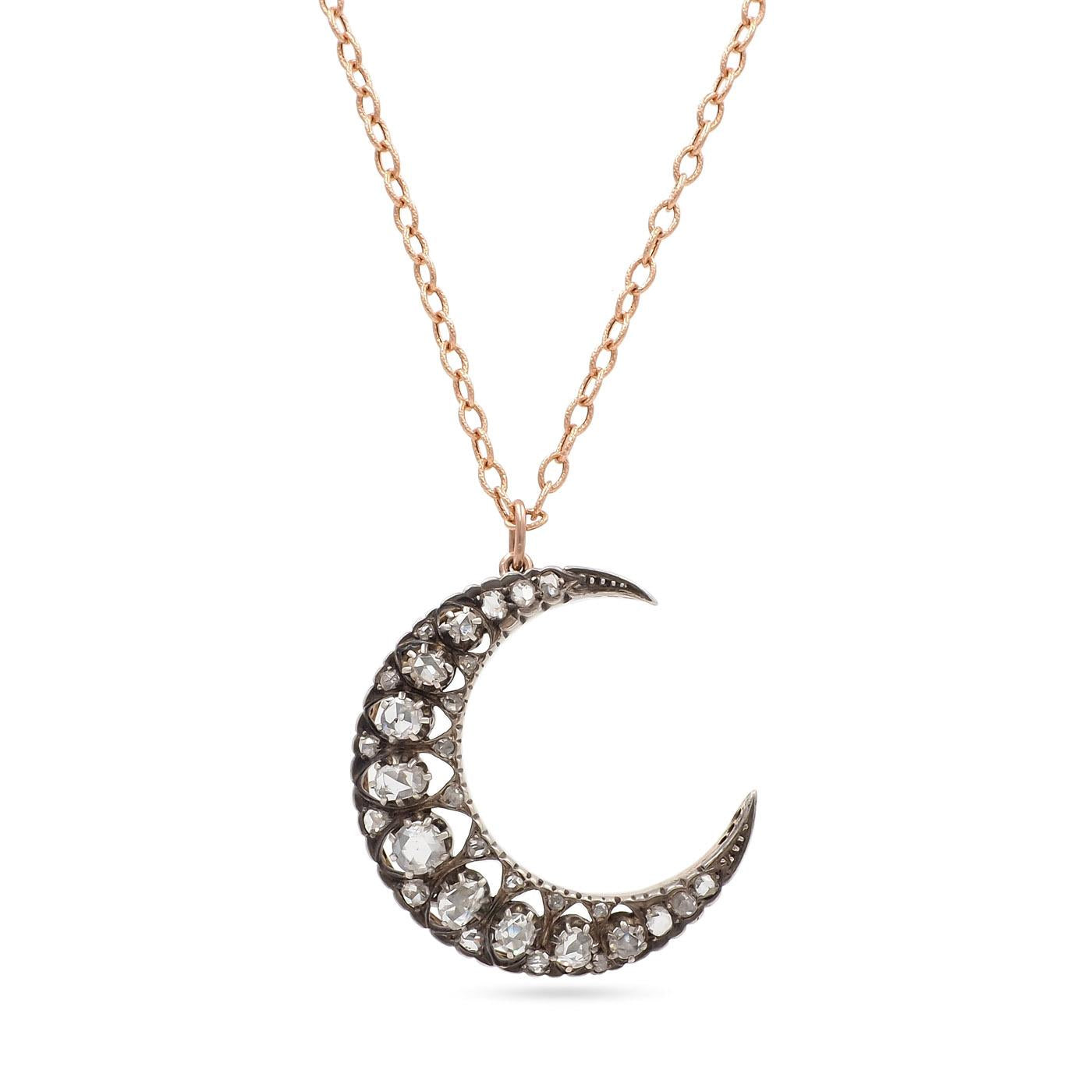 Victorian 1.30 Ctw. Rose Cut Diamond Crescent Moon Pendant Necklace