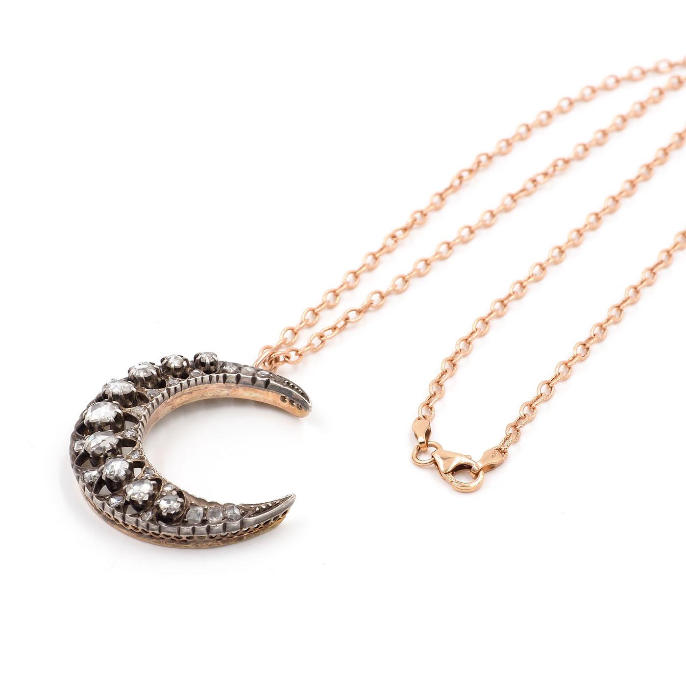 Victorian 1.30 Ctw. Rose Cut Diamond Crescent Moon Pendant Necklace