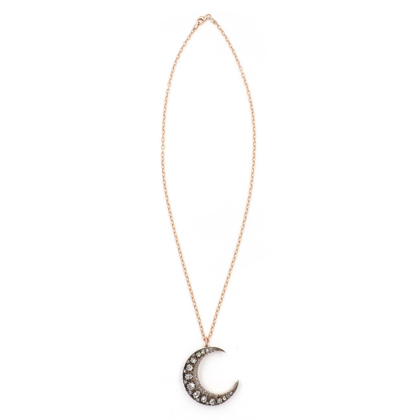 Victorian 1.30 Ctw. Rose Cut Diamond Crescent Moon Pendant Necklace