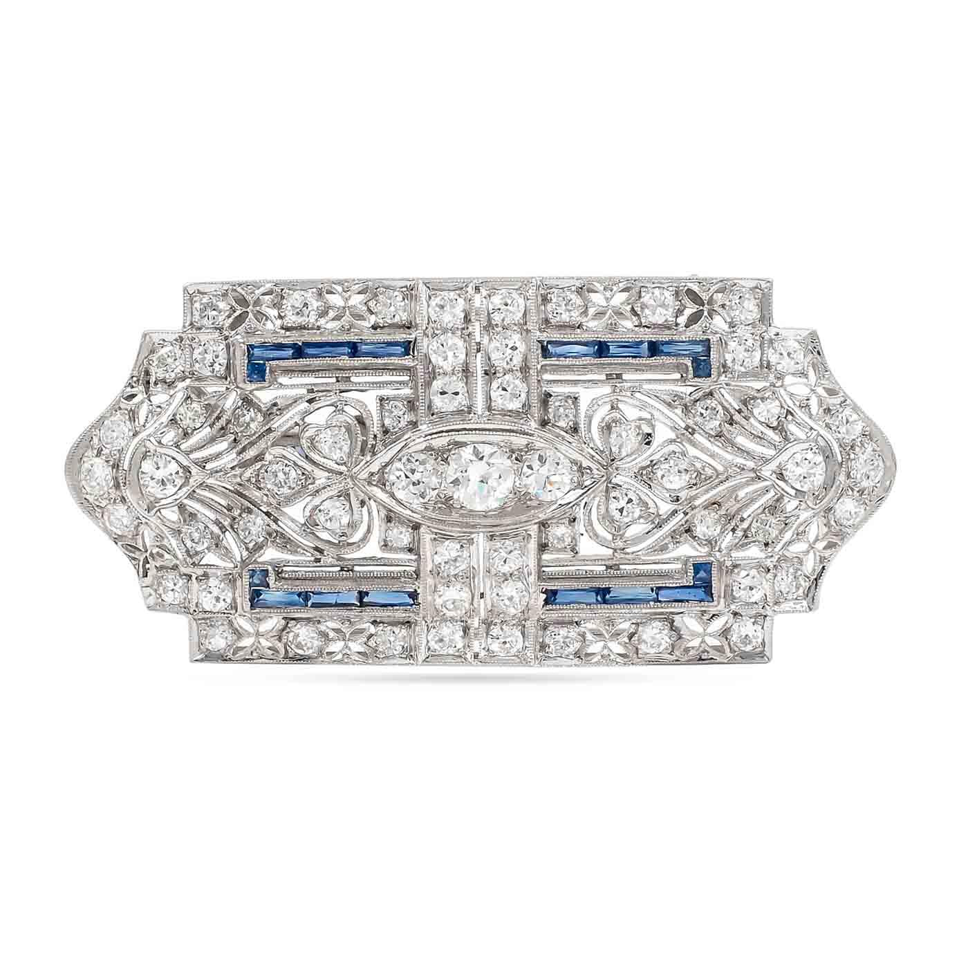 Art Deco 2.25 Ctw. Transitional Cut Diamond & Sapphire Ornate Brooch/Pendant Nec