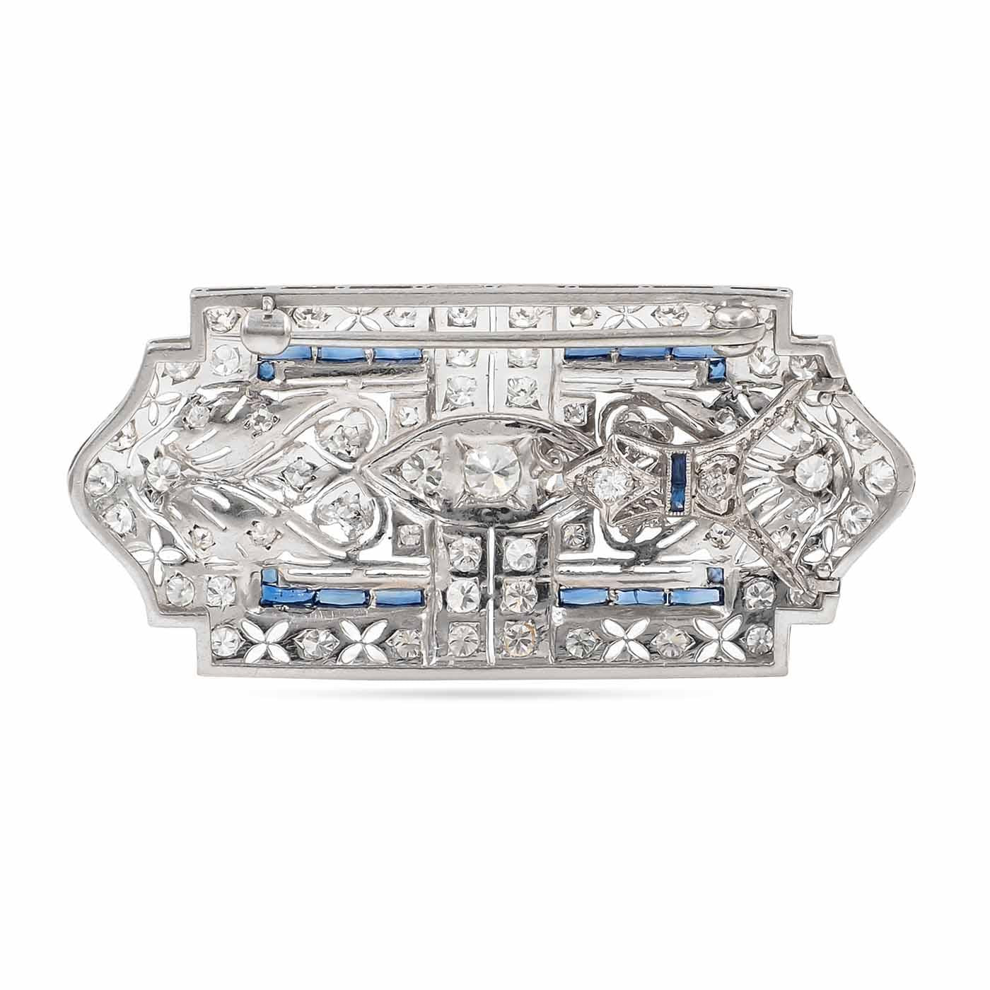 Art Deco 2.25 Ctw. Transitional Cut Diamond & Sapphire Ornate Brooch/Pendant Nec