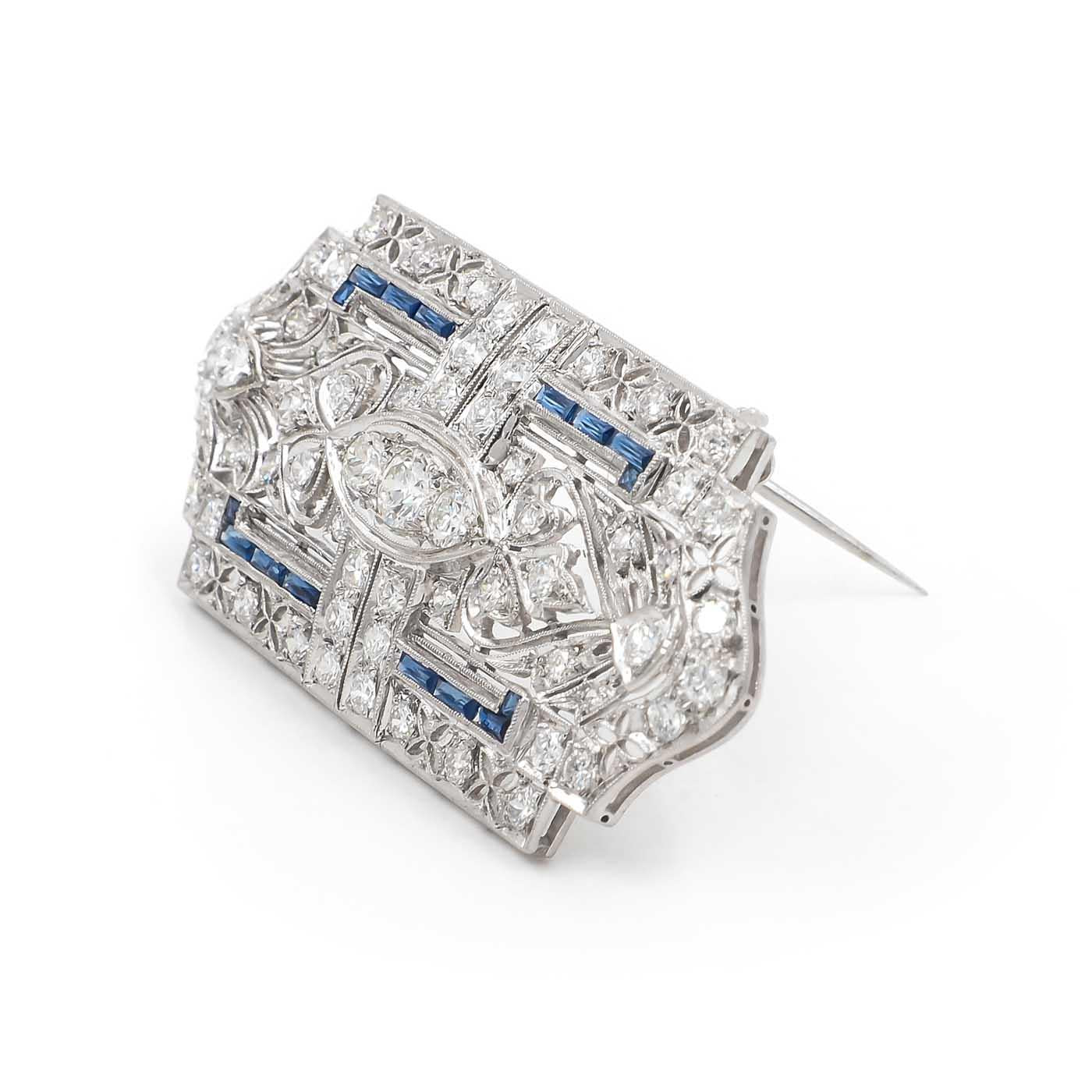 Art Deco 2.25 Ctw. Transitional Cut Diamond & Sapphire Ornate Brooch/Pendant Nec
