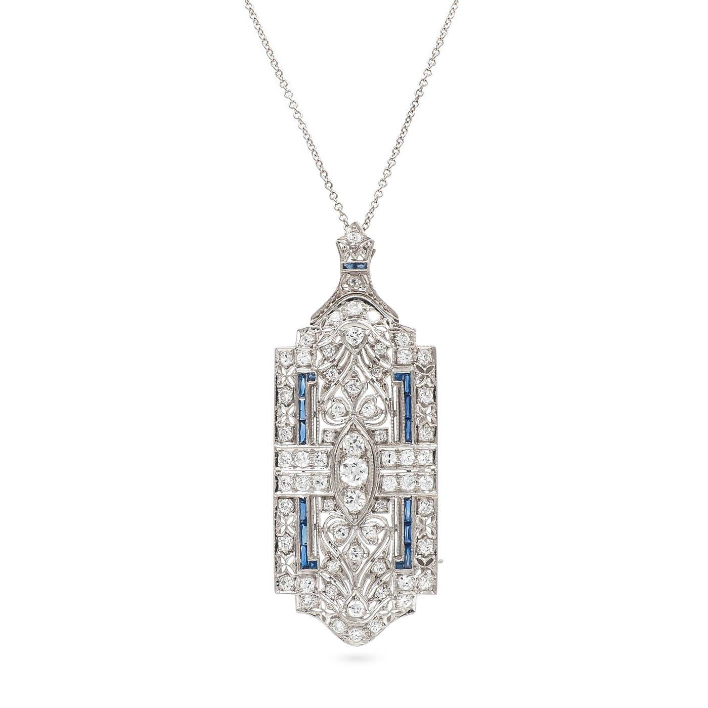 Art Deco 2.25 Ctw. Transitional Cut Diamond & Sapphire Ornate Brooch/Pendant Nec