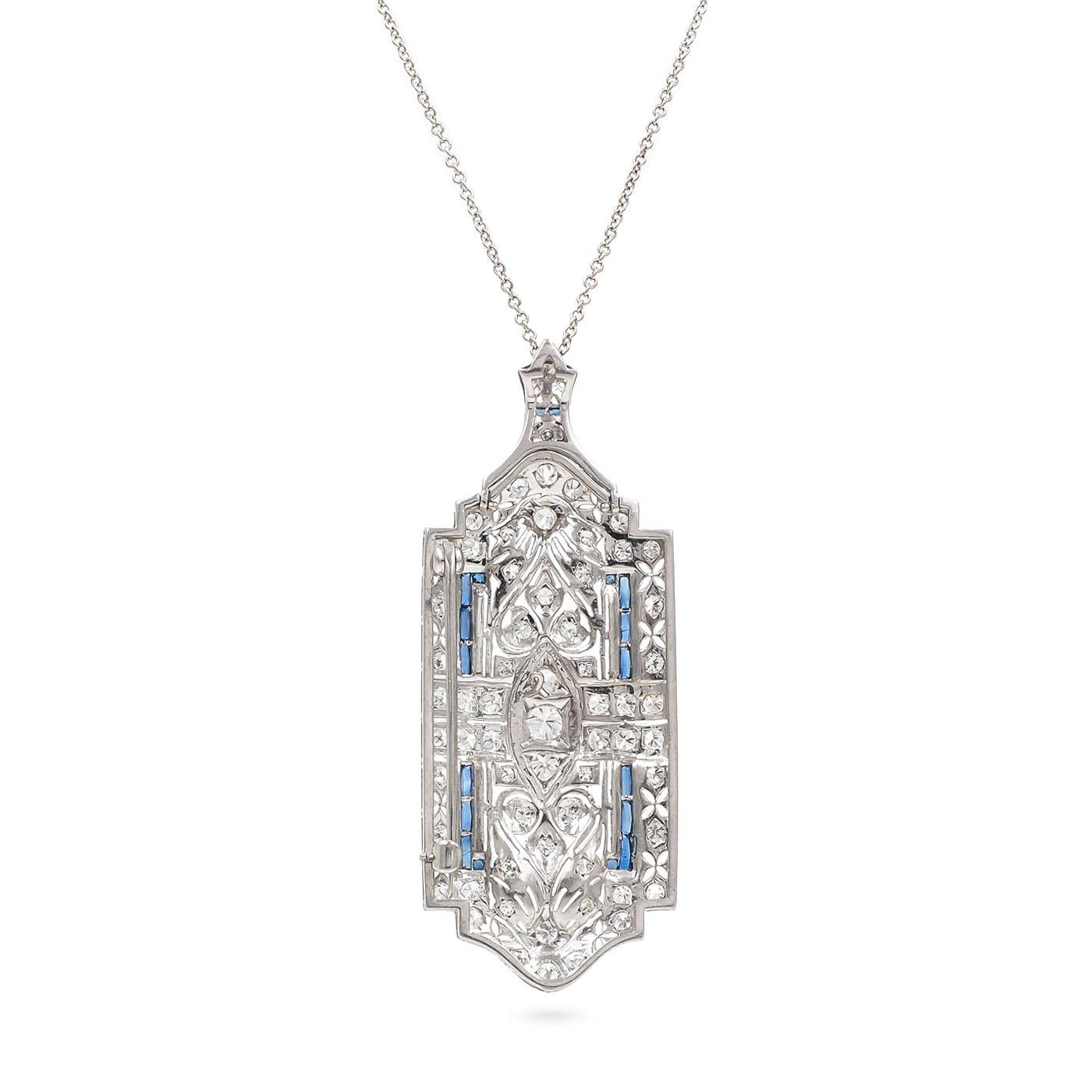 Art Deco 2.25 Ctw. Transitional Cut Diamond & Sapphire Ornate Brooch/Pendant Nec