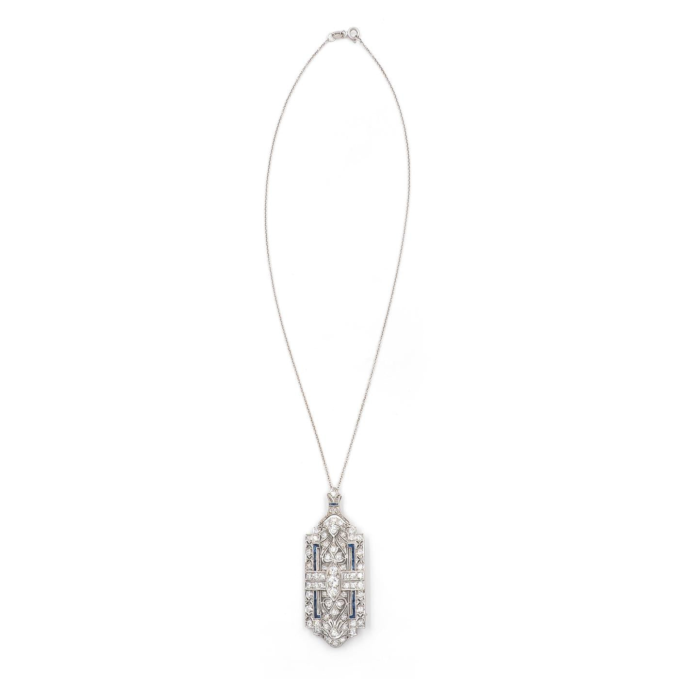 Art Deco 2.25 Ctw. Transitional Cut Diamond & Sapphire Ornate Brooch/Pendant Nec