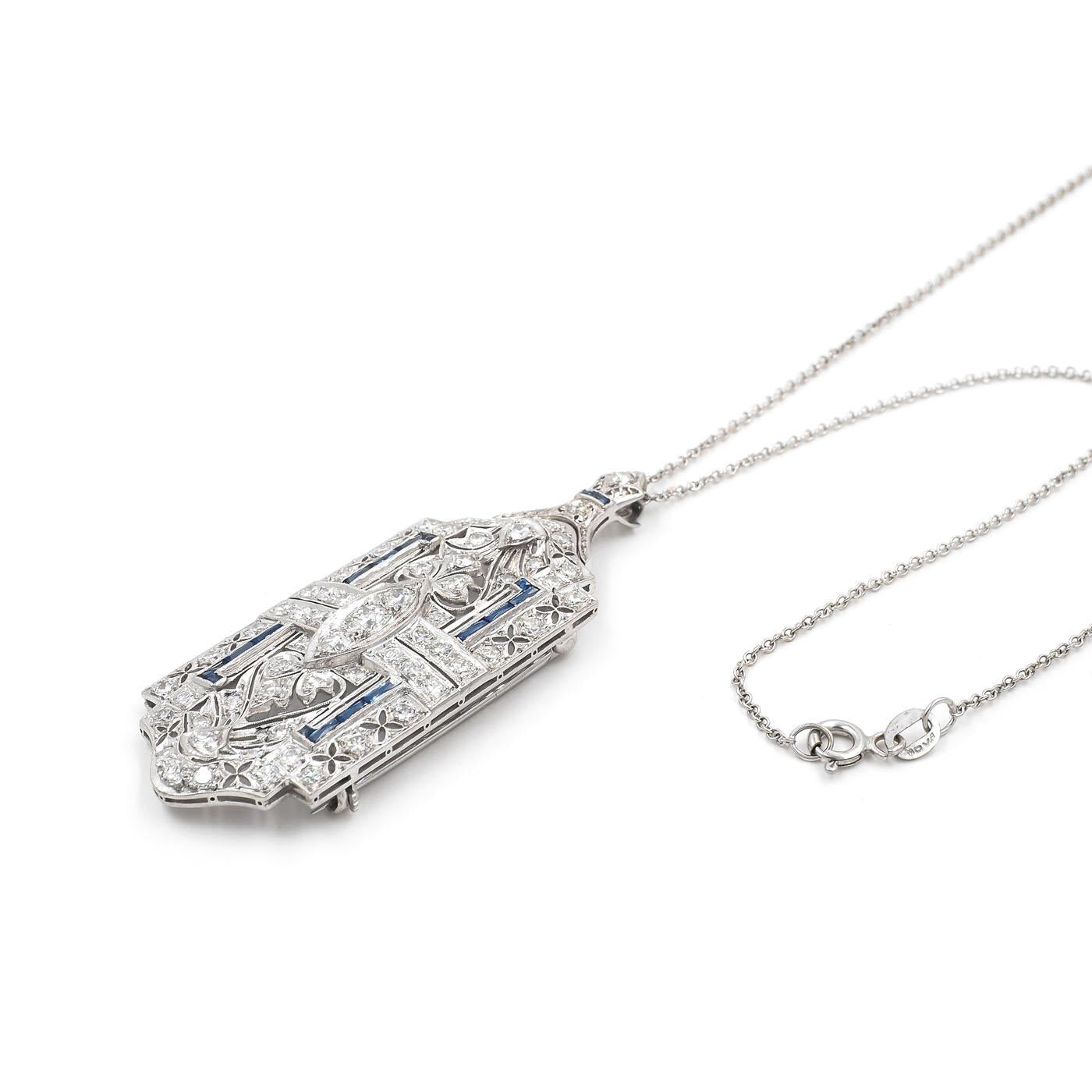 Art Deco 2.25 Ctw. Transitional Cut Diamond & Sapphire Ornate Brooch/Pendant Nec
