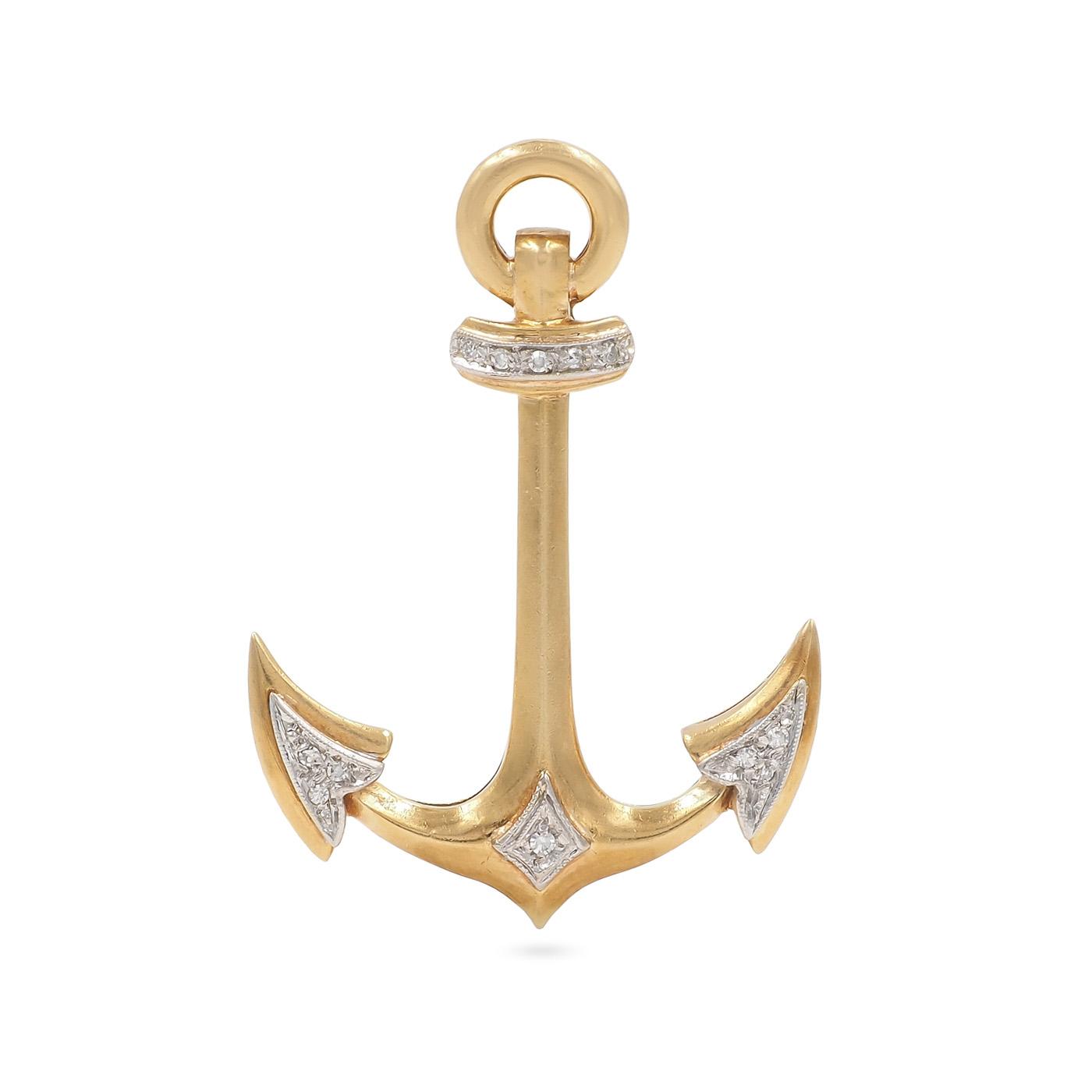 Mid-Century Diamond Anchor Pendant Necklace