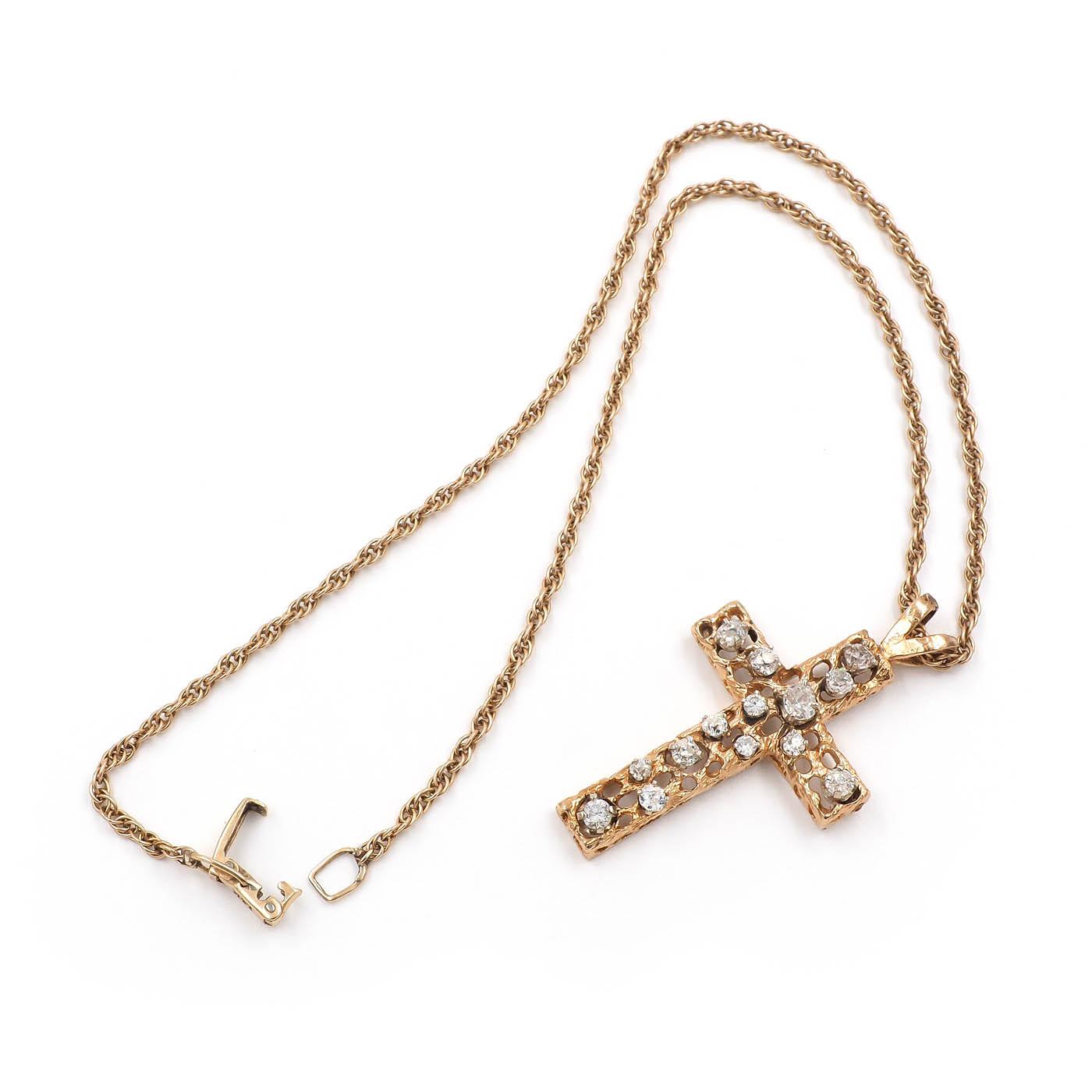 Vintage Brutalist-Style 1.50 Ctw. Diamond Cross Pendant Necklace