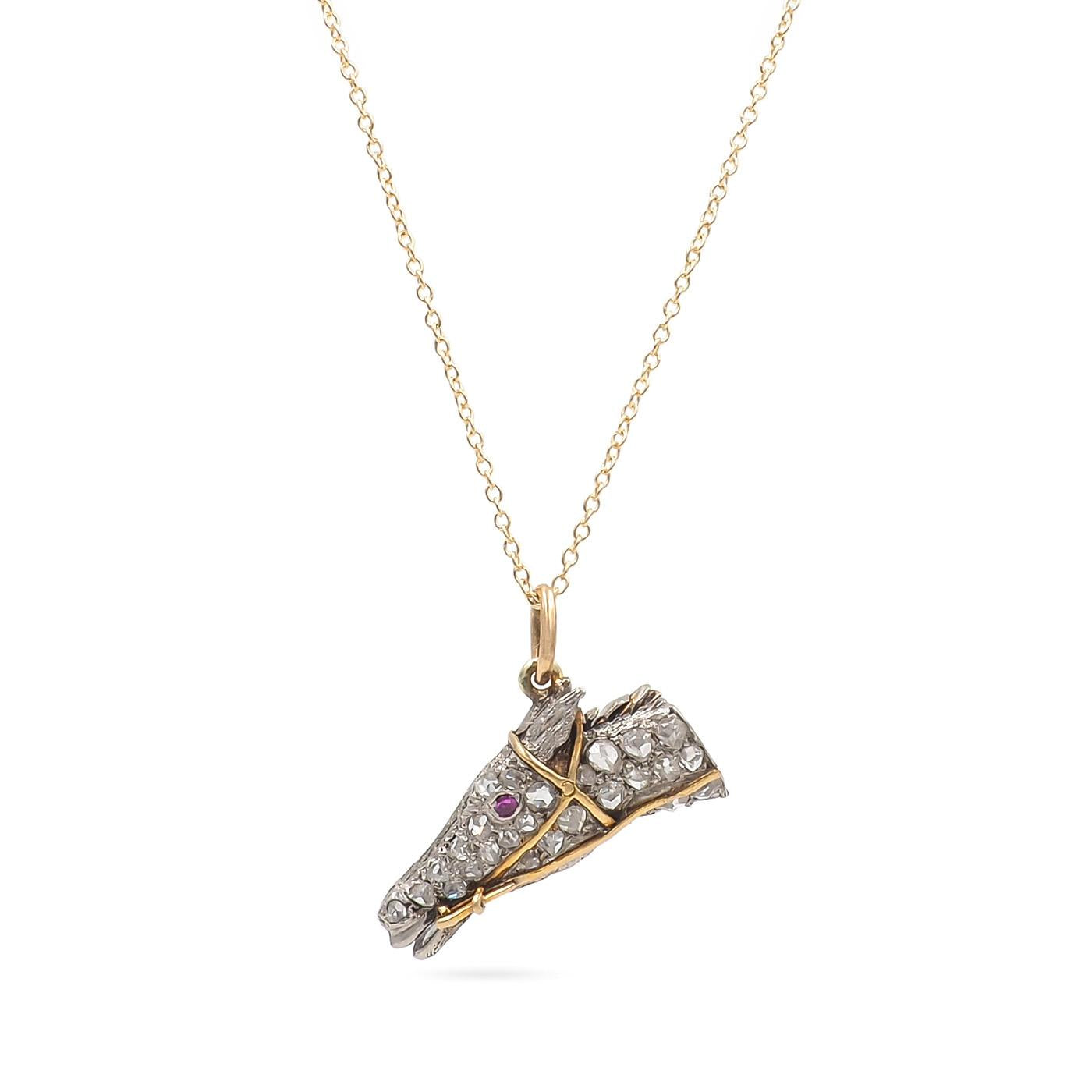 Edwardian Rose Cut Diamond Bridled Horse Head Pendant Necklace