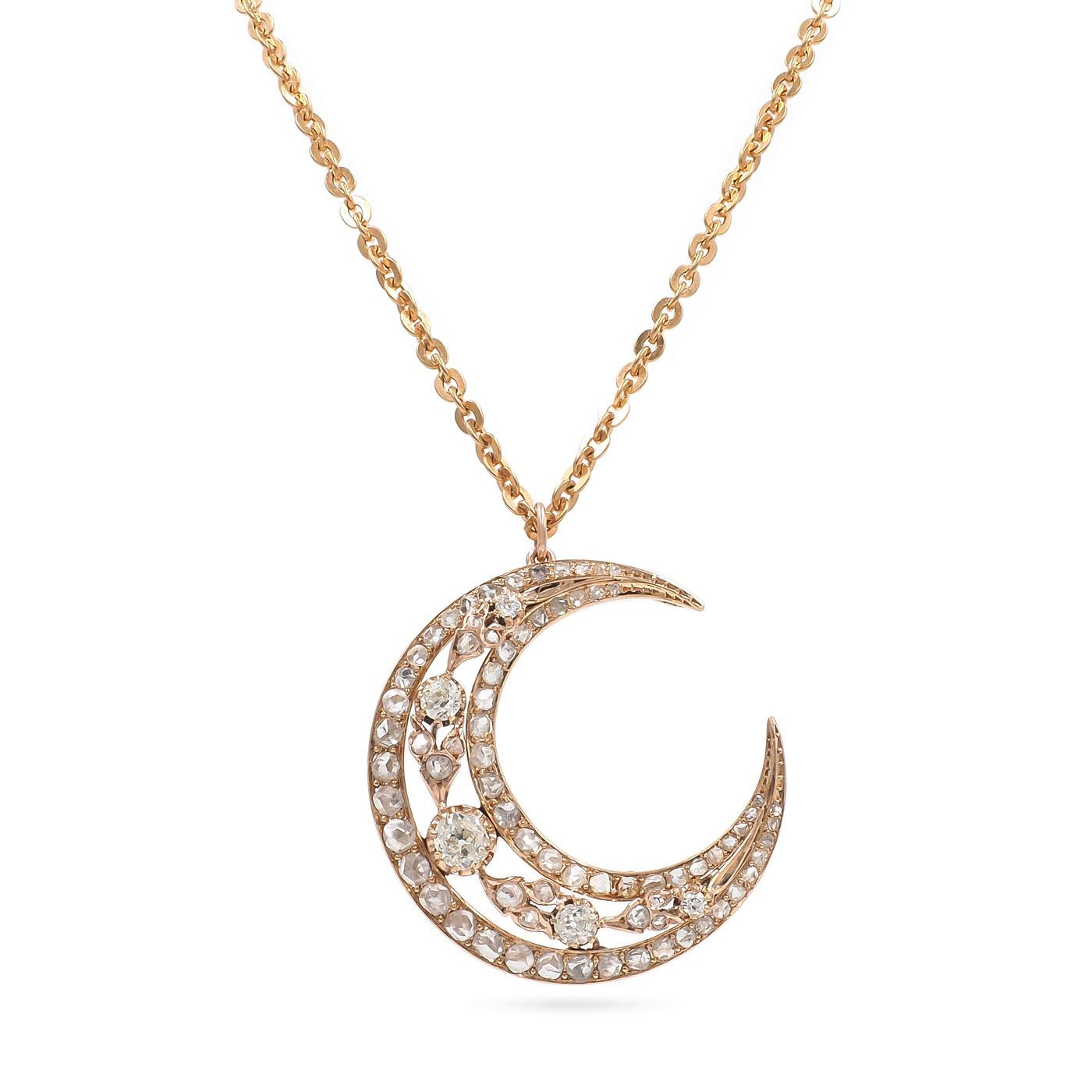 Victorian 1.28 Ctw. Old Mine Cut & 2.00 Ctw. Rose Cut Diamond Crescent Moon