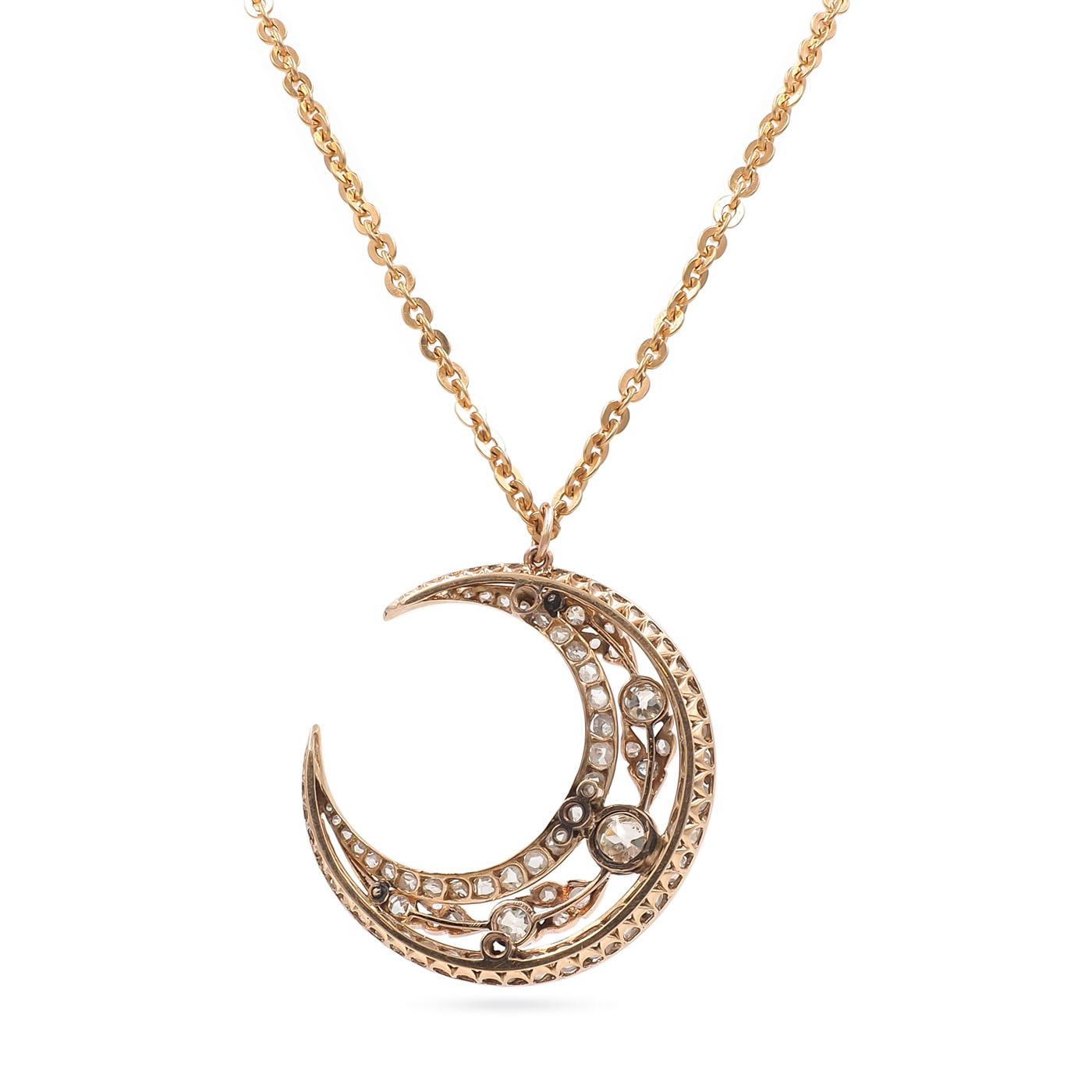 Victorian 1.28 Ctw. Old Mine Cut & 2.00 Ctw. Rose Cut Diamond Crescent Moon