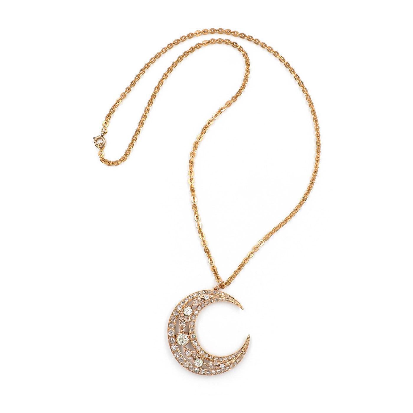 Victorian 1.28 Ctw. Old Mine Cut & 2.00 Ctw. Rose Cut Diamond Crescent Moon