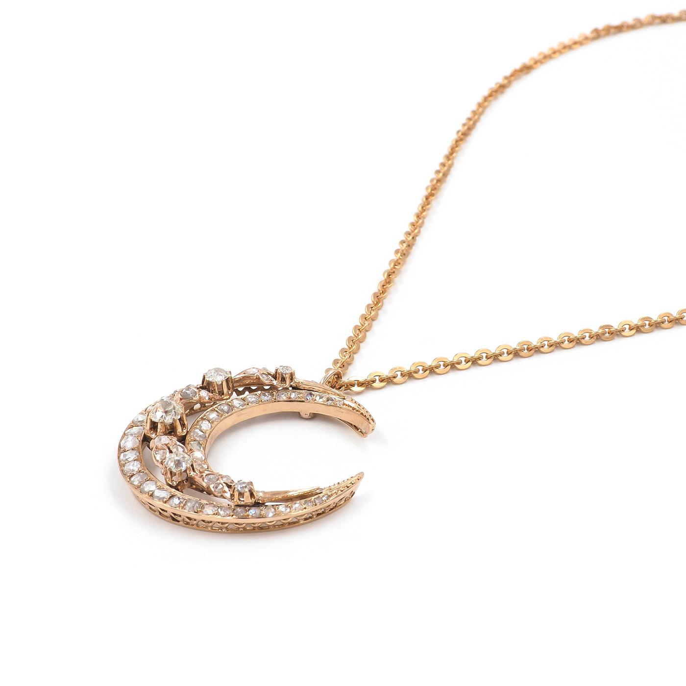 Victorian 1.28 Ctw. Old Mine Cut & 2.00 Ctw. Rose Cut Diamond Crescent Moon