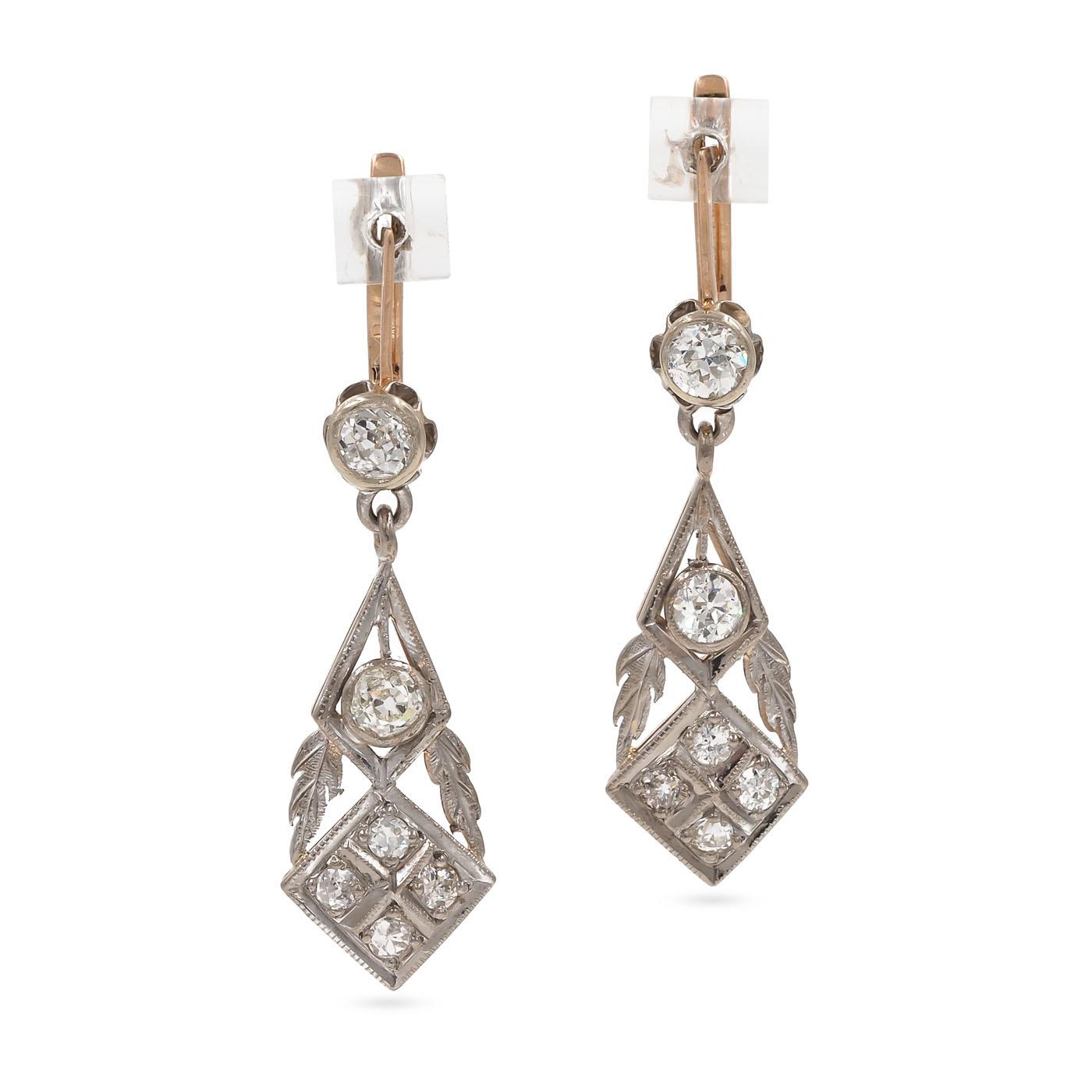 Late Art Deco 2.06 Ctw. Old European Cut Diamond Ornate Drop Earrings