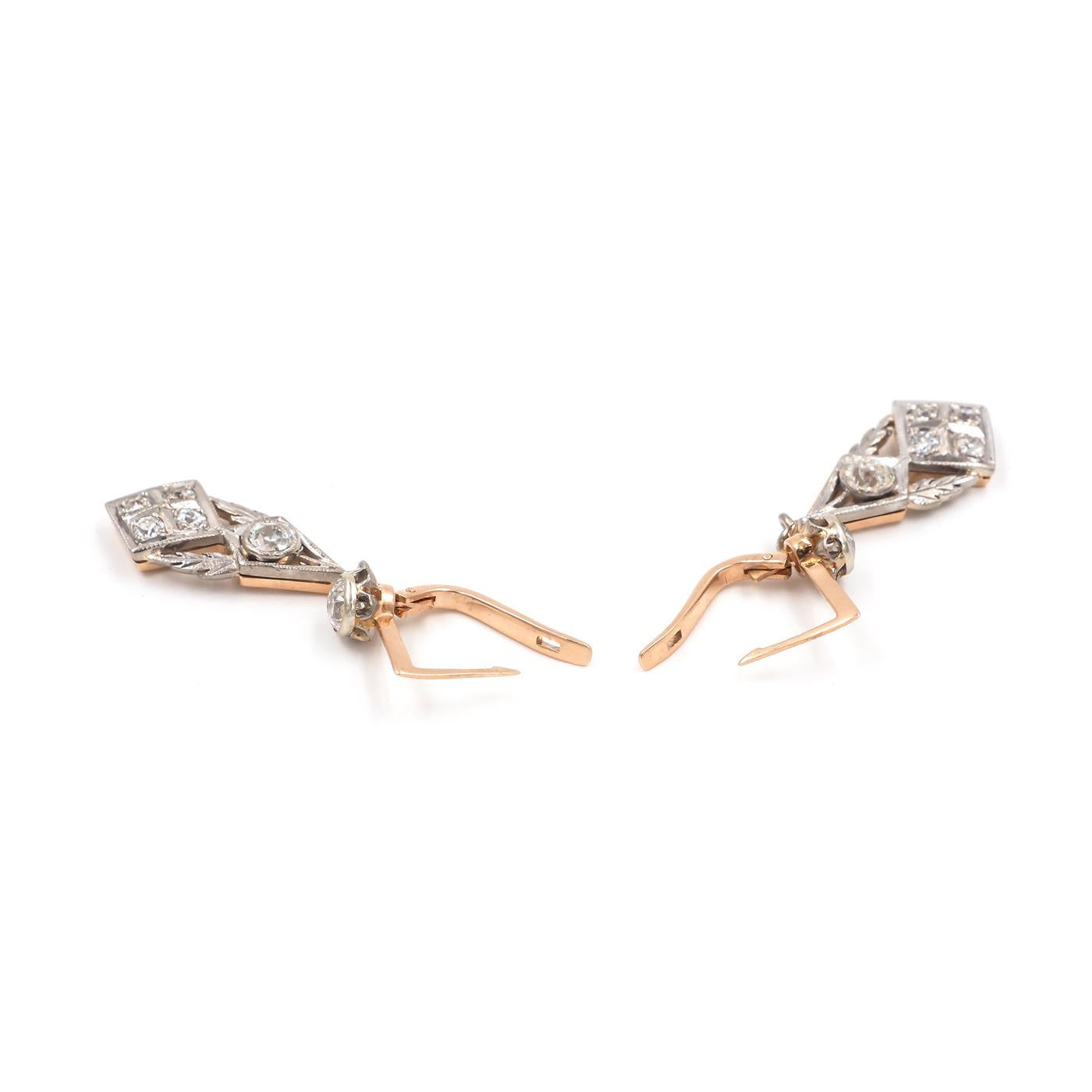 Late Art Deco 2.06 Ctw. Old European Cut Diamond Ornate Drop Earrings
